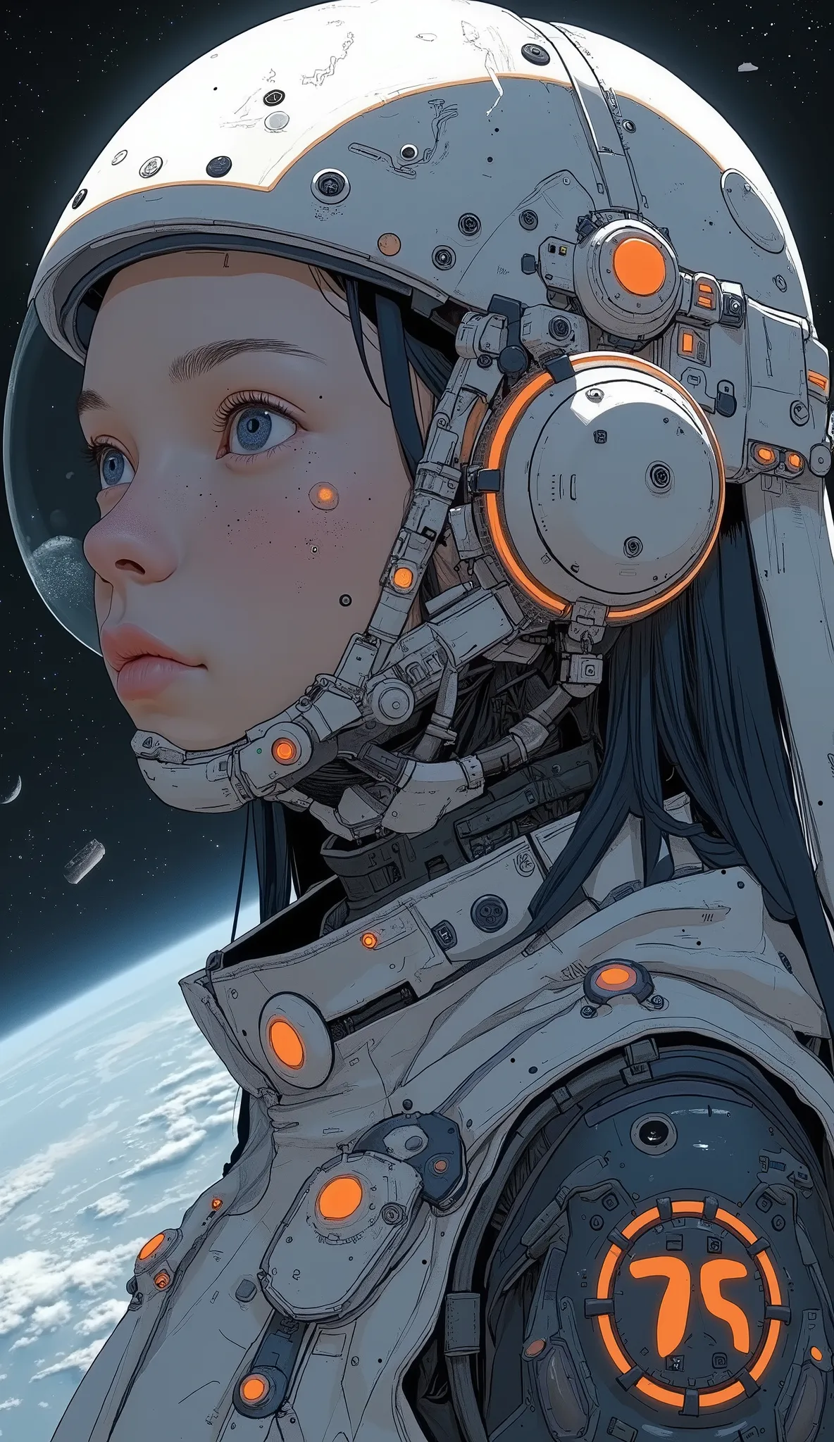 Space Suitを着てヘルメットをかぶった人物のクローズアップ, Anime Space Student Girl Portrait, Portrait of an armored astronaut, 現代のヘルメットを備えたSpace Suit, futuristic Space Suit, Space Suit, in Space Suit, Krenz Kuschardt, Futuristic astronaut, retro futuristic woman in a white suit ...