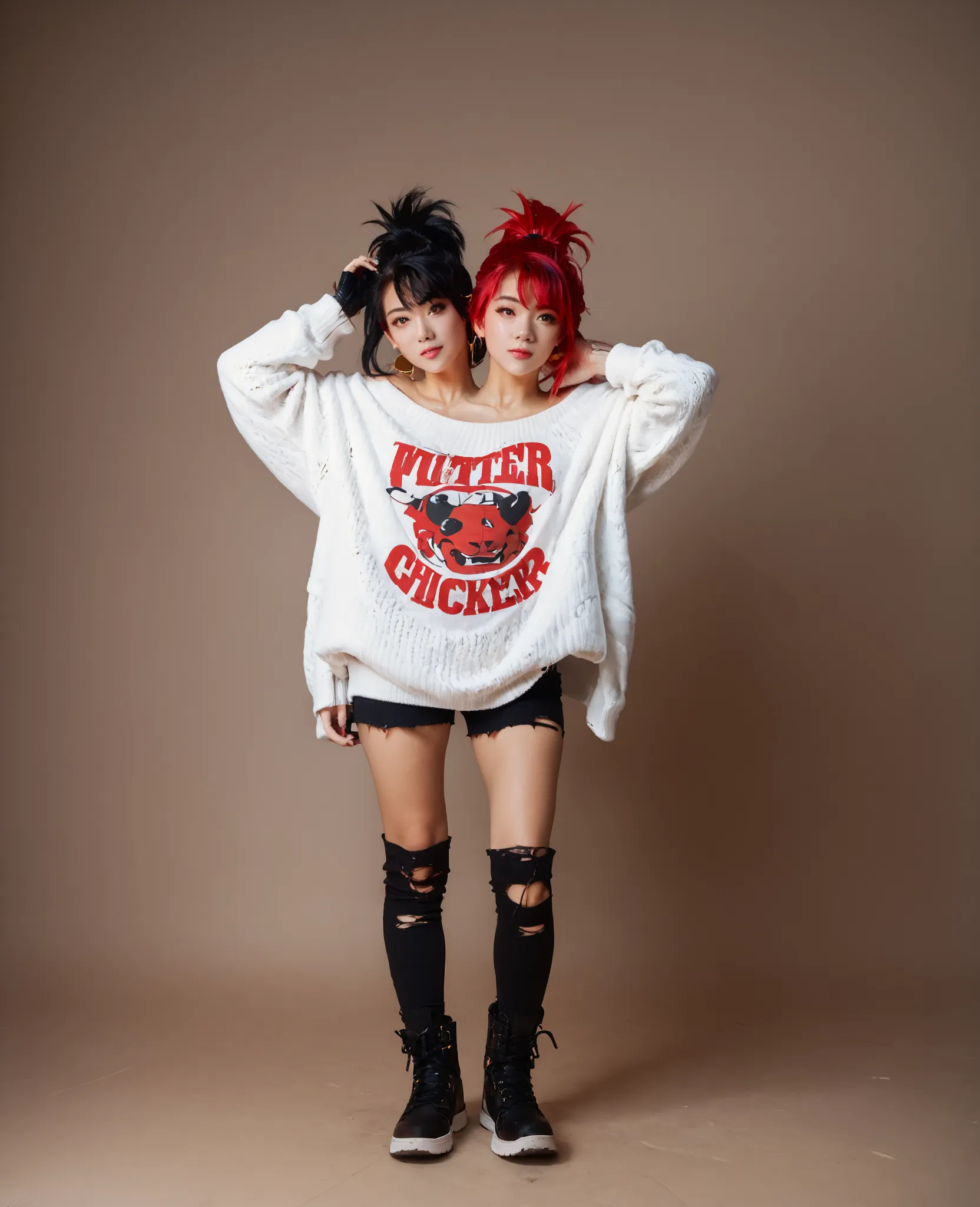 best resolution,anime woman with two heads, gold eyes, different hair colors, red hair, black hair, different hairstyles, different hair-lengths, short hair, long hair, spiky hair, straight hair, hair down, oversized white sweater, one shoulder bare, tor...