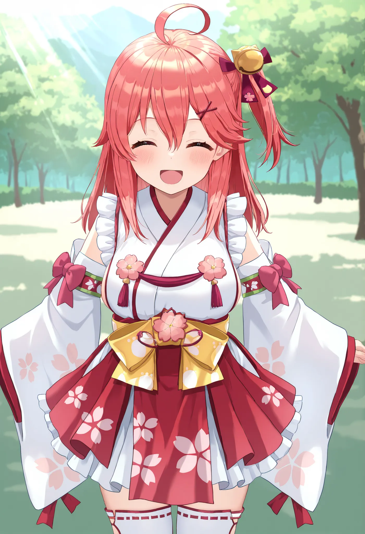 masterpiece, best quality, highres, miko1, sakura_miko, young_1teen_girl, large_breasts, solo, ahoge, x_hair_ornament, light_red_hair,blush, floral print, hairclip,(side_less_clothes:1.5), side_breasts, hair_bell, floral print, long_hair, hair between eyes...