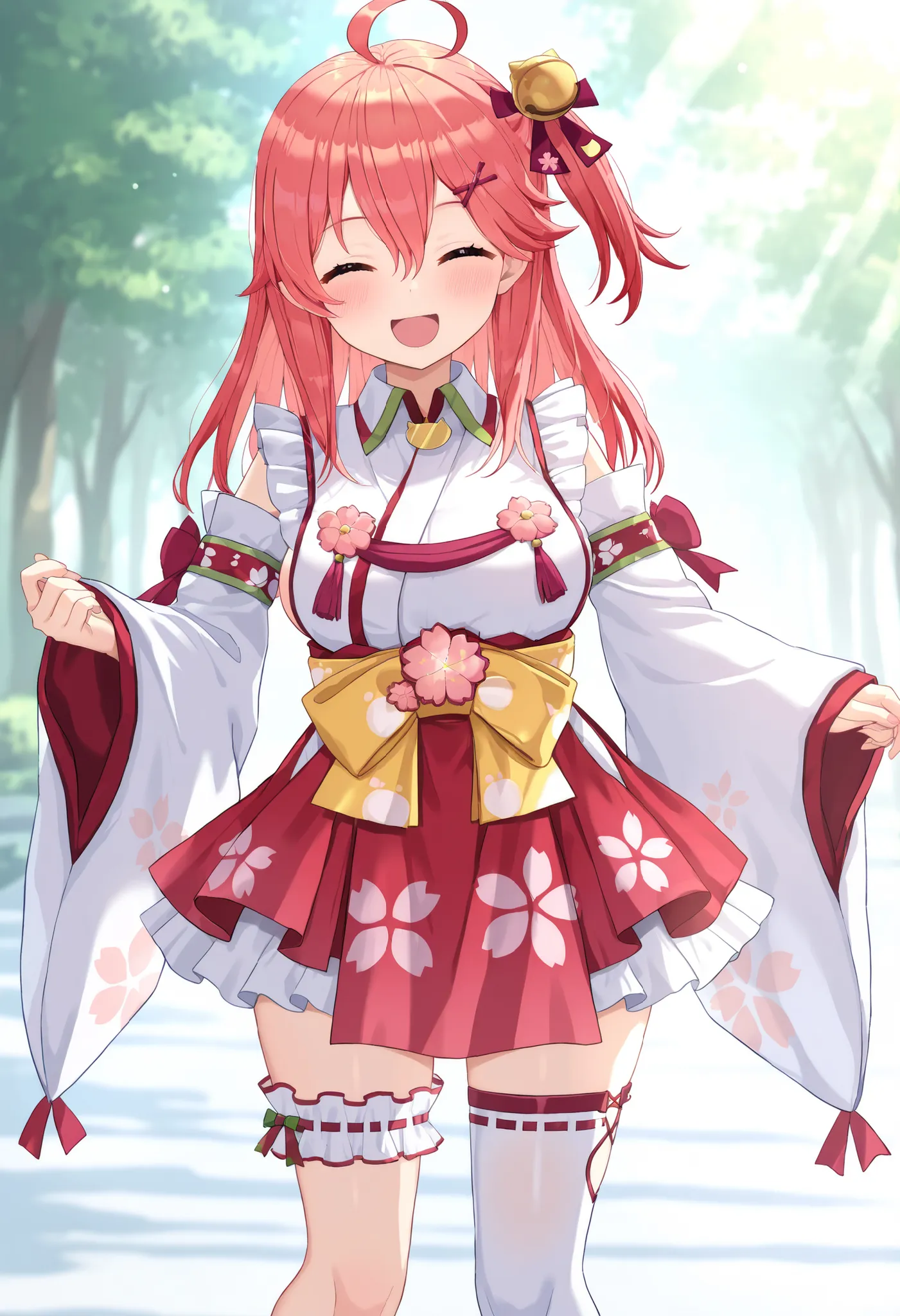 masterpiece, best quality, highres, miko1, sakura_miko, young_1teen_girl, large_breasts, solo, ahoge, x_hair_ornament, light_red_hair,blush, floral print, hairclip,(side_less_clothes:1.5), side_breasts, hair_bell, floral print, long_hair, hair between eyes...