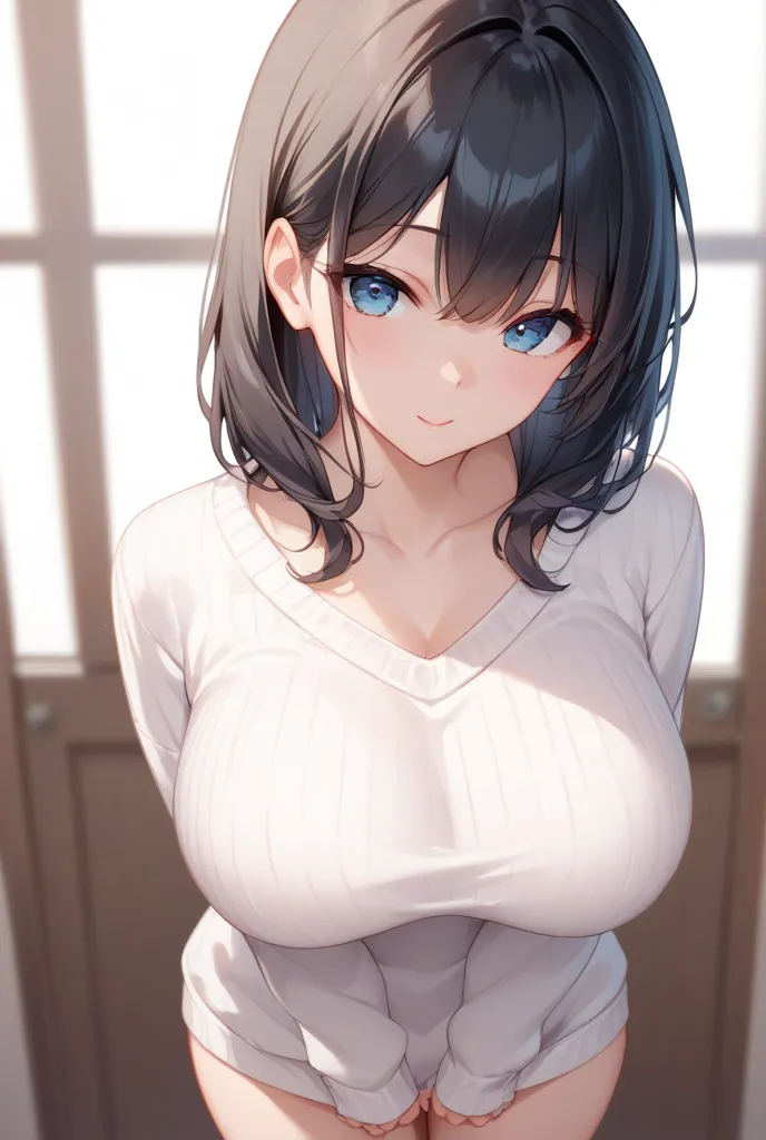 Adult Female　clear　cute　indoor　black haired bob　Xiaoyan　very big breasts　sweater（white）　miniskirt　standing　overview　Angle of view from directly in front　Angle of view from a distance　high image quality