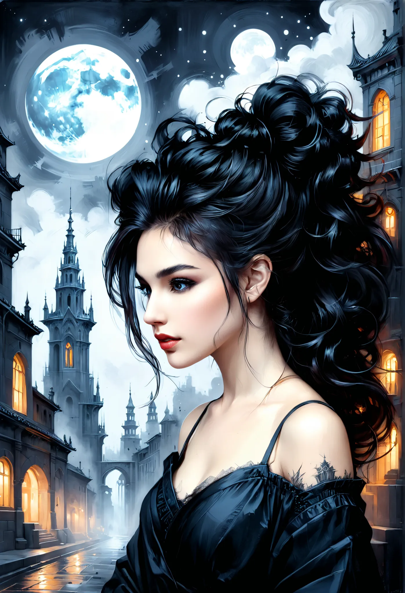 fluorescent horizon, color field Painting, a sense of depth and intrigue, digital brush strokes,
A breathtaking 3D image of a female profile, with dark hair, smoothly turning into abstract shapes and outlines. An intricate hairstyle with curls and ink spla...