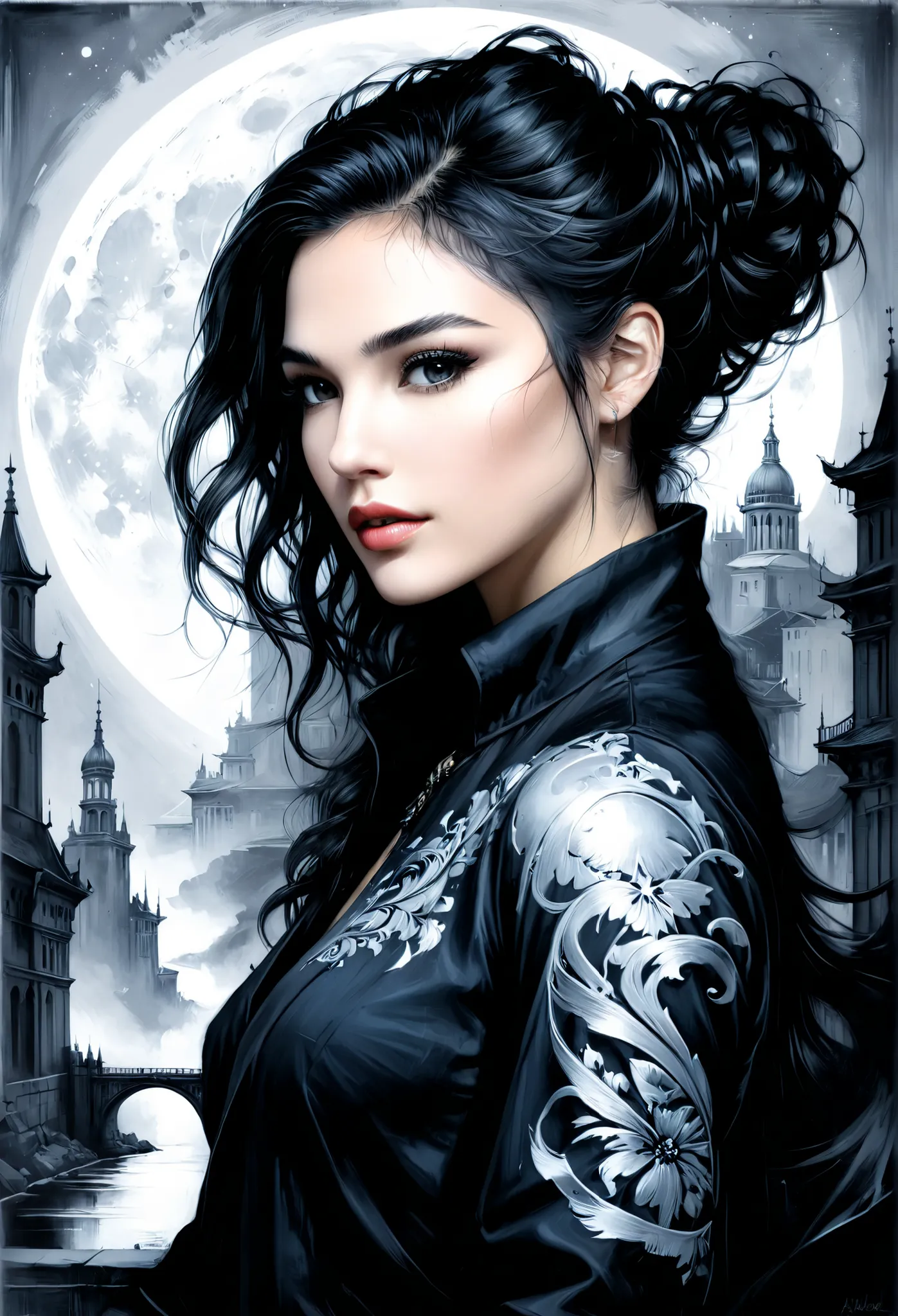 fluorescent horizon, color field Painting, a sense of depth and intrigue, digital brush strokes,
A breathtaking 3D image of a female profile, with dark hair, smoothly turning into abstract shapes and outlines. An intricate hairstyle with curls and ink spla...