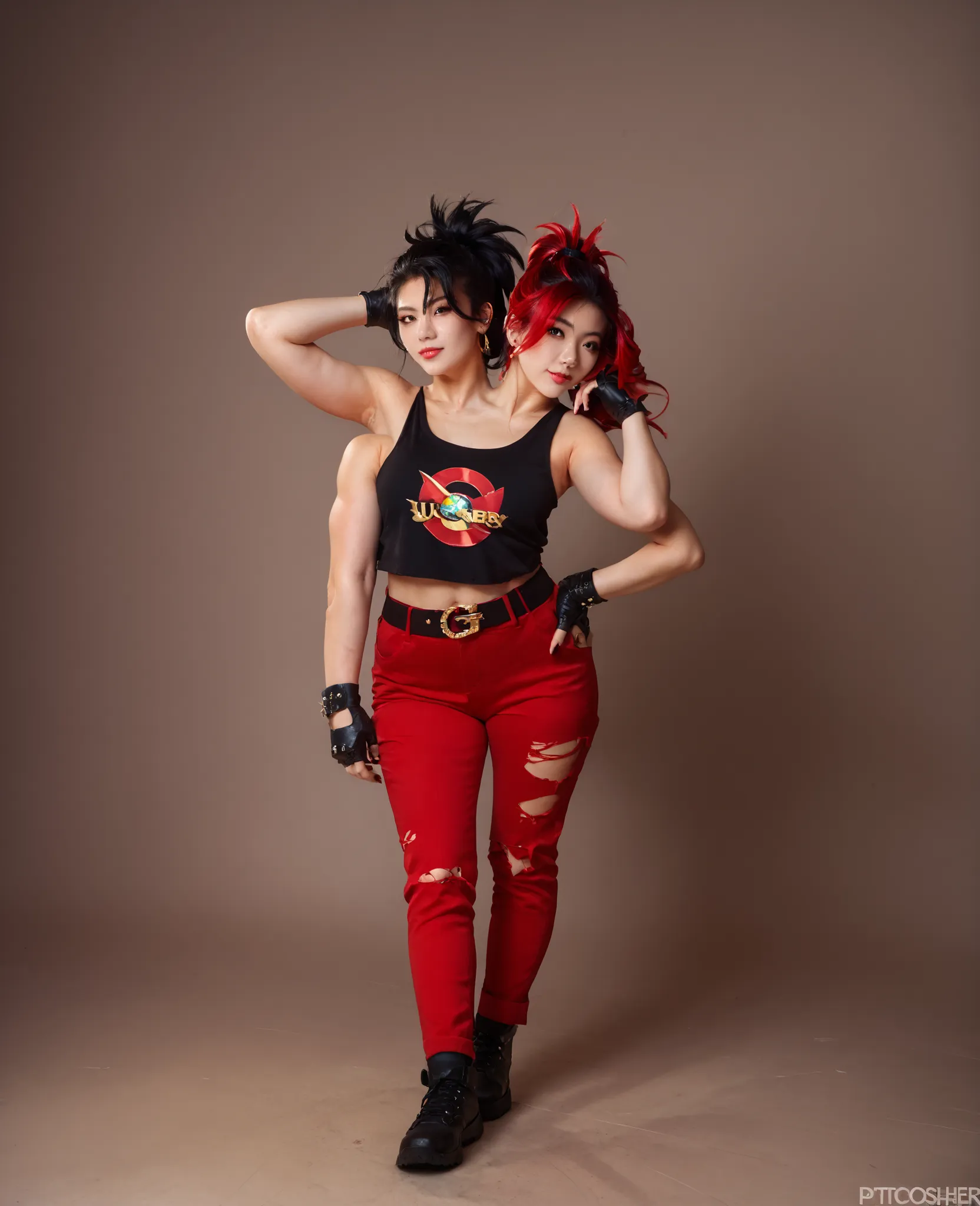 best resolution,anime woman with two heads, gold eyes, different hair colors, red hair, black hair, different hairstyles, different hair-lengths, short hair, long hair, spiky hair, straight hair, hair down, tanktop, one shoulder bare, torn pants, gloves,...