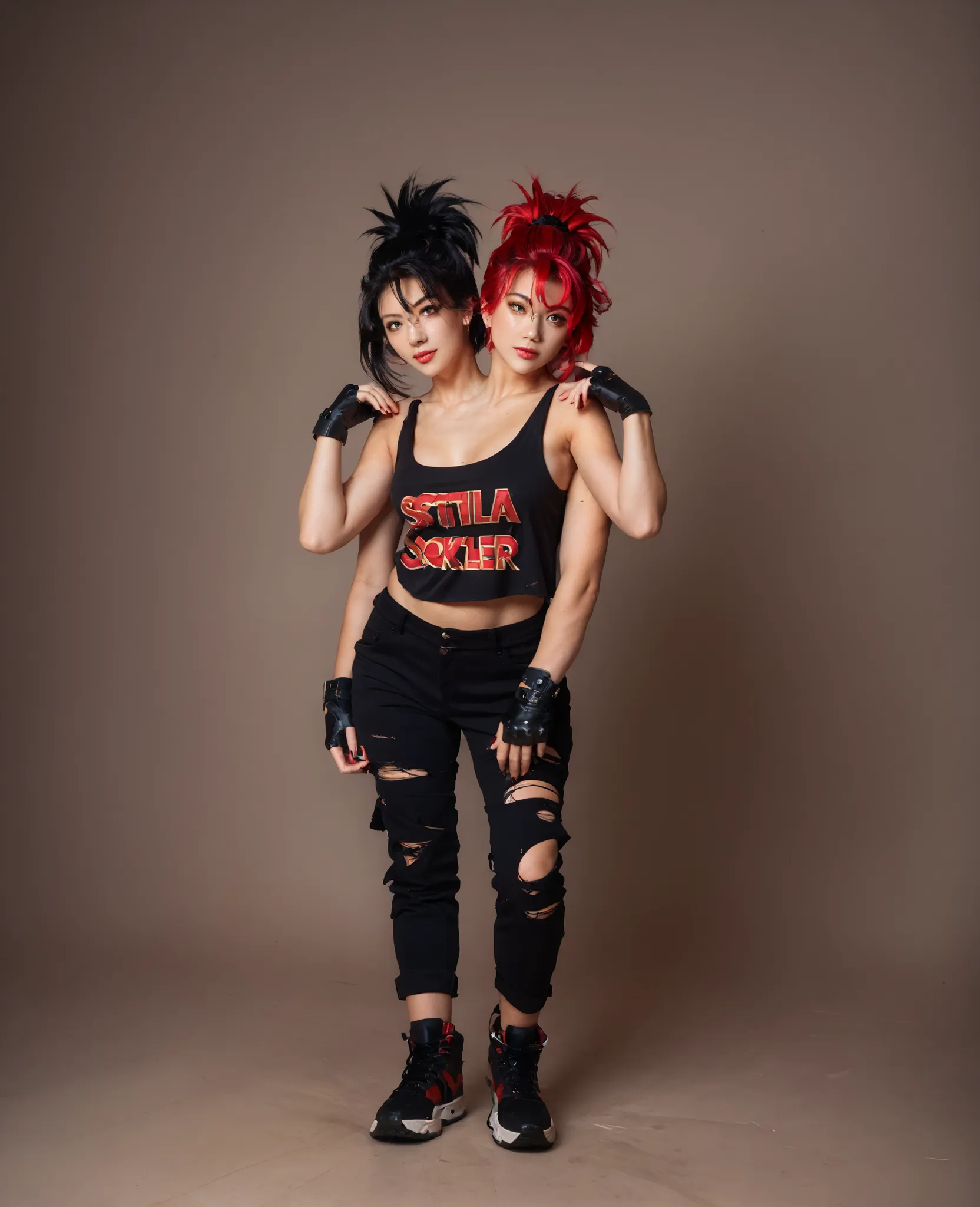 best resolution,anime woman with two heads, gold eyes, different hair colors, red hair, black hair, different hairstyles, different hair-lengths, short hair, long hair, spiky hair, straight hair, hair down, tanktop, one shoulder bare, torn pants, gloves,...