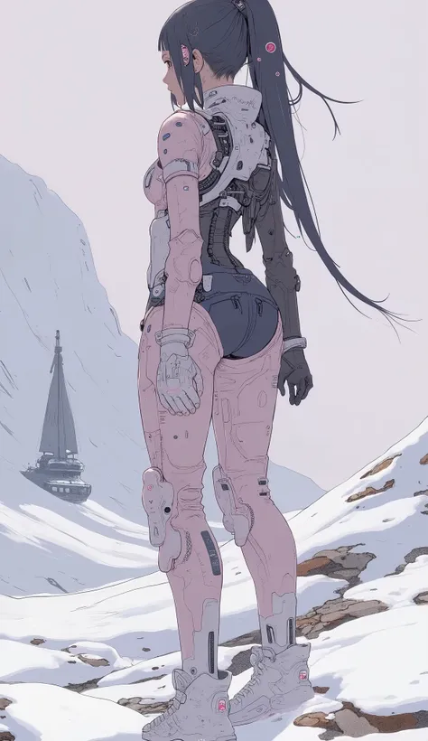 in futuristic scenes、features a young woman standing with her back to the viewer, muted, Fog Background. she fits her body, high-tech suit。connects upward to the spine、It's a slightly spilling spine, and、changes to a pale sky and the smooth, seamless desig...