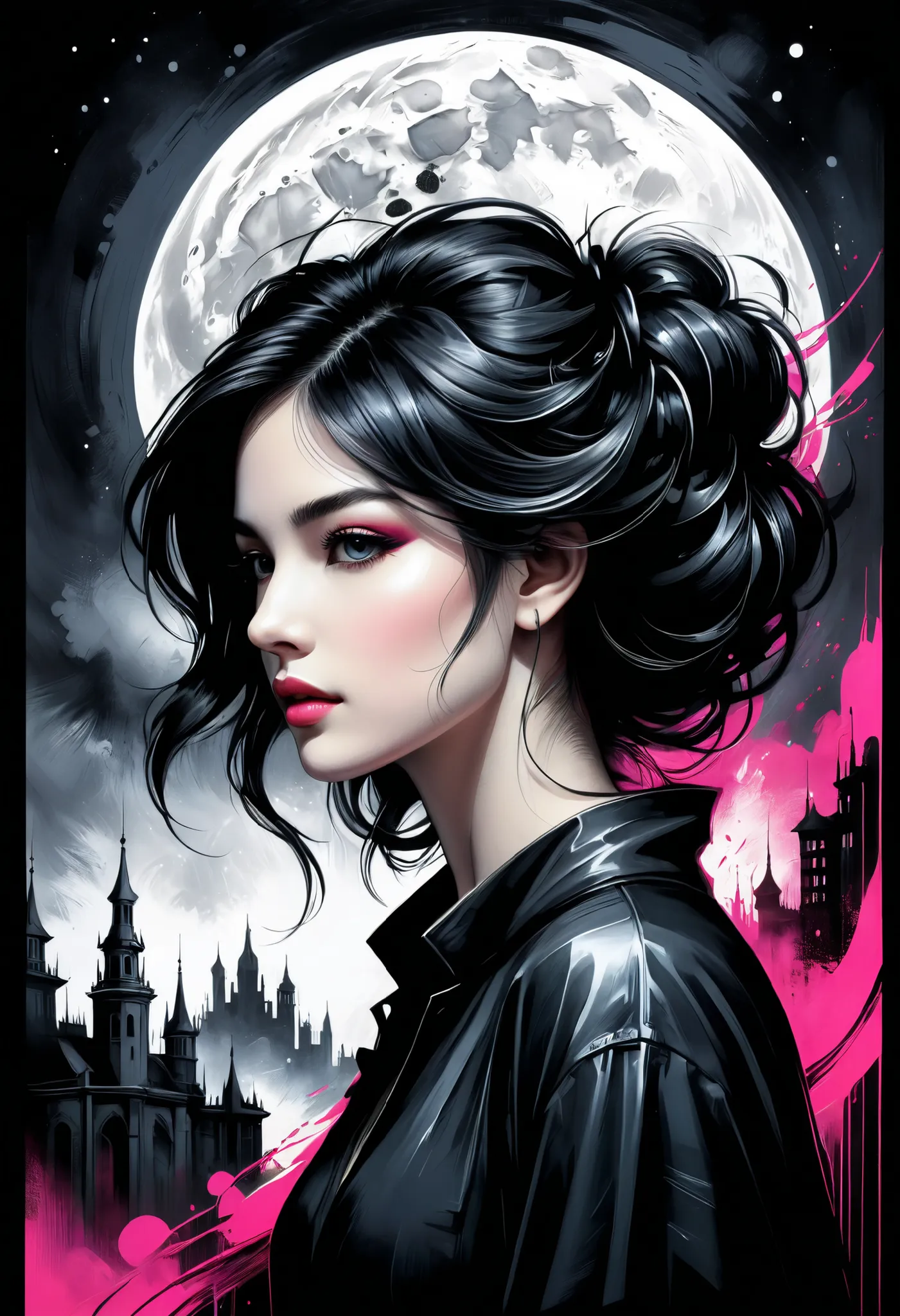 fluorescent horizon, color field Painting, a sense of depth and intrigue, digital brush strokes,
A breathtaking 3D image of a female profile, with dark hair, smoothly turning into abstract shapes and outlines. An intricate hairstyle with curls and ink spla...