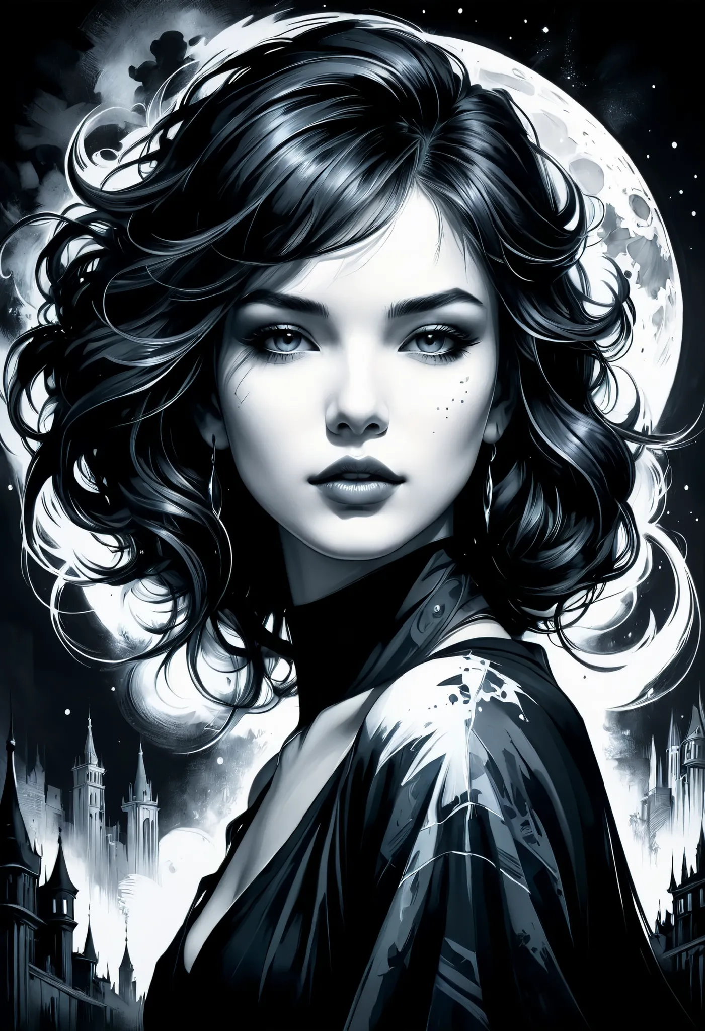 fluorescent horizon, color field Painting, a sense of depth and intrigue, digital brush strokes,
A breathtaking 3D image of a female profile, with dark hair, smoothly turning into abstract shapes and outlines. An intricate hairstyle with curls and ink spla...