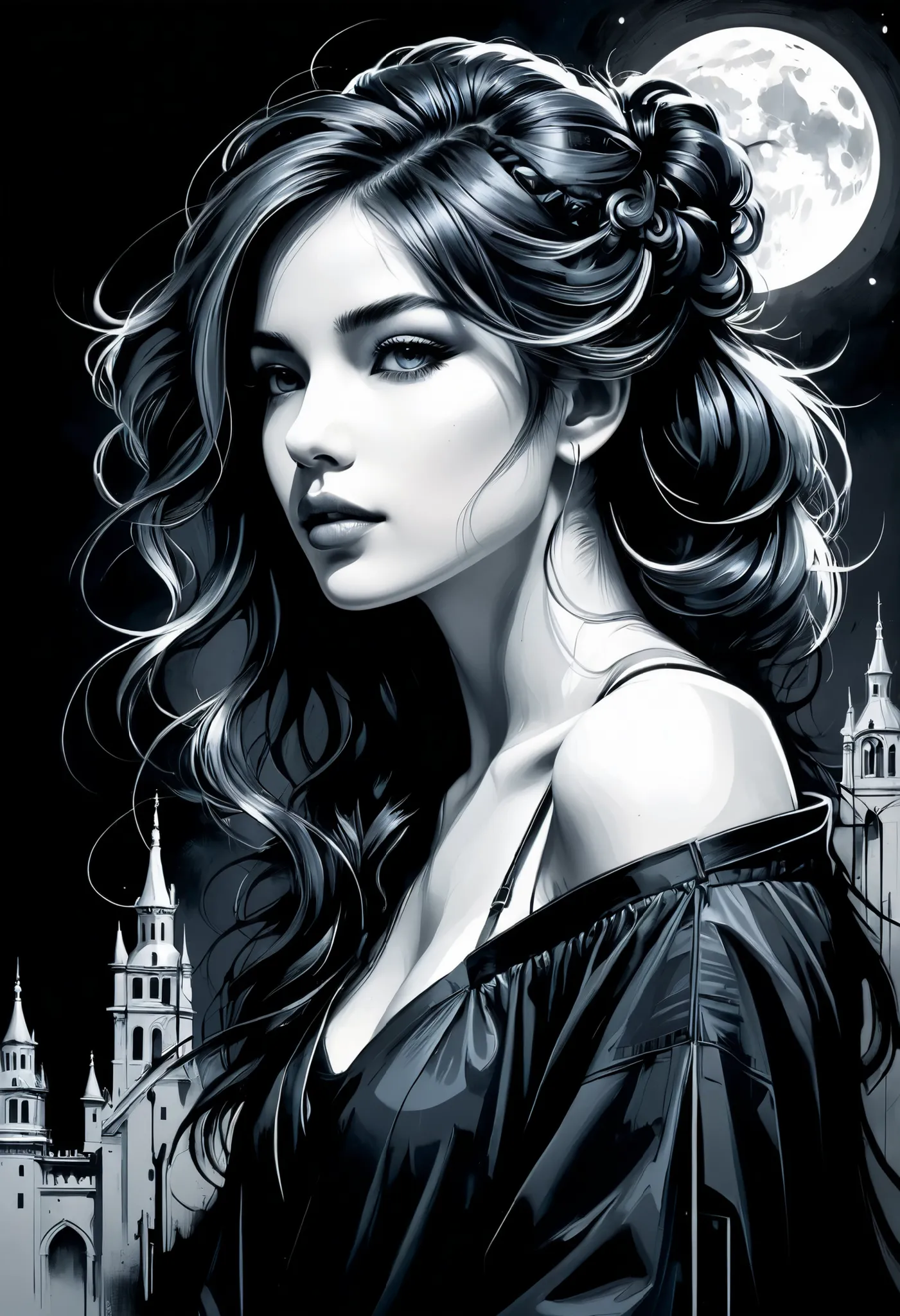 fluorescent horizon, color field Painting, a sense of depth and intrigue, digital brush strokes,
A breathtaking 3D image of a female profile, with dark hair, smoothly turning into abstract shapes and outlines. An intricate hairstyle with curls and ink spla...