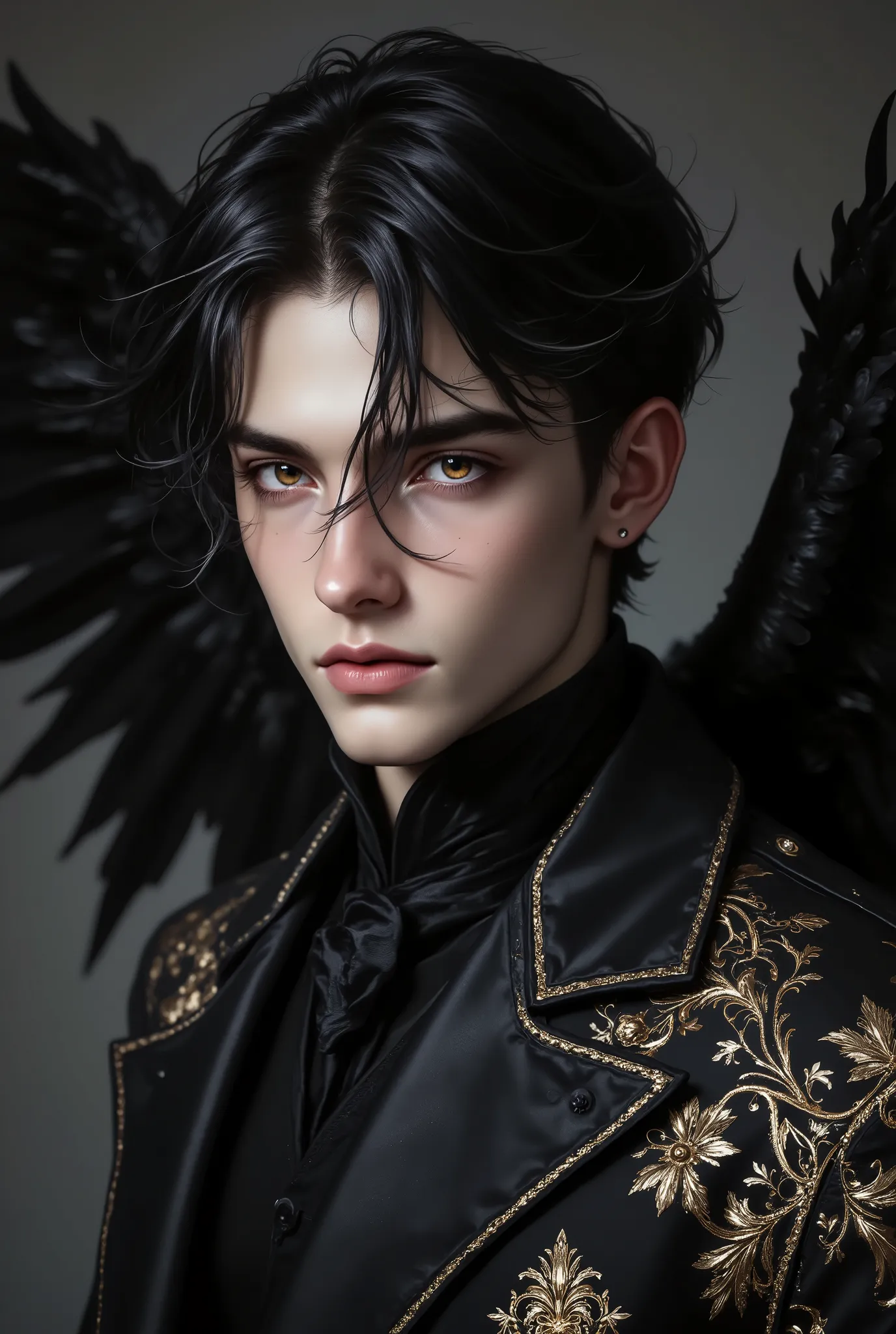 Character Style Keywords:
Dark angel
Elegant male model
Black feathered wings
Regal fantasy outfit
Embroidered black suit
Noble demon aesthetic
Royal court fashion
Intense stare
Heroic masculine beauty
Aristocratic warrior
Art Style Keywords:
H...