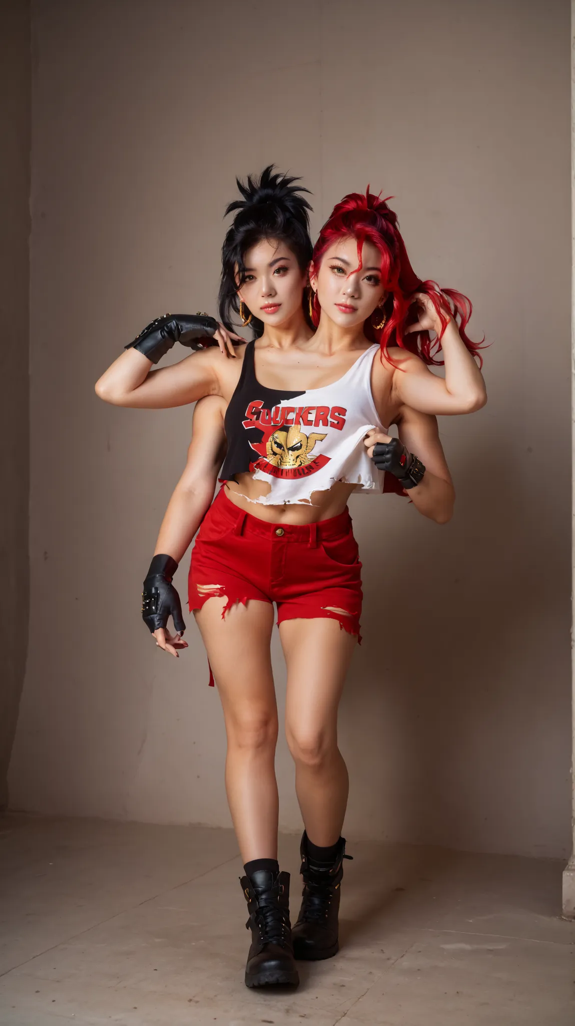 best resolution,anime woman with two heads, gold eyes, different hair colors, red hair, black hair, different hairstyles, different hair-lengths, short hair, long hair, spiky hair, straight hair, hair down, tanktop, one shoulder bare, torn pants, gloves,...