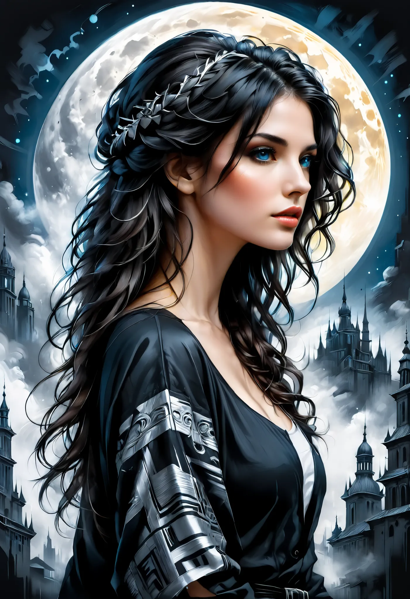 fluorescent horizon, color field Painting, a sense of depth and intrigue, digital brush strokes,
A breathtaking 3D image of a female profile, with dark hair, smoothly turning into abstract shapes and outlines. An intricate hairstyle with curls and ink spla...