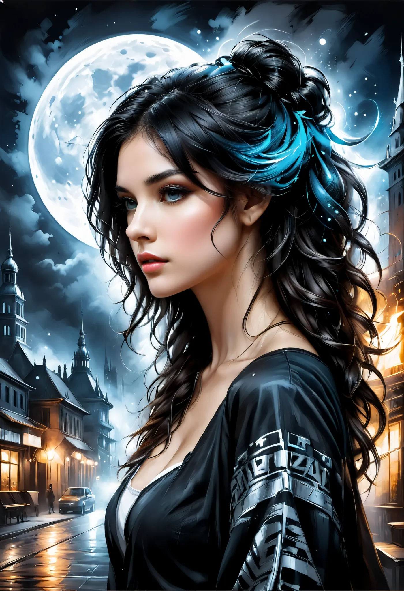 fluorescent horizon, color field Painting, a sense of depth and intrigue, digital brush strokes,
A breathtaking 3D image of a female profile, with dark hair, smoothly turning into abstract shapes and outlines. An intricate hairstyle with curls and ink spla...
