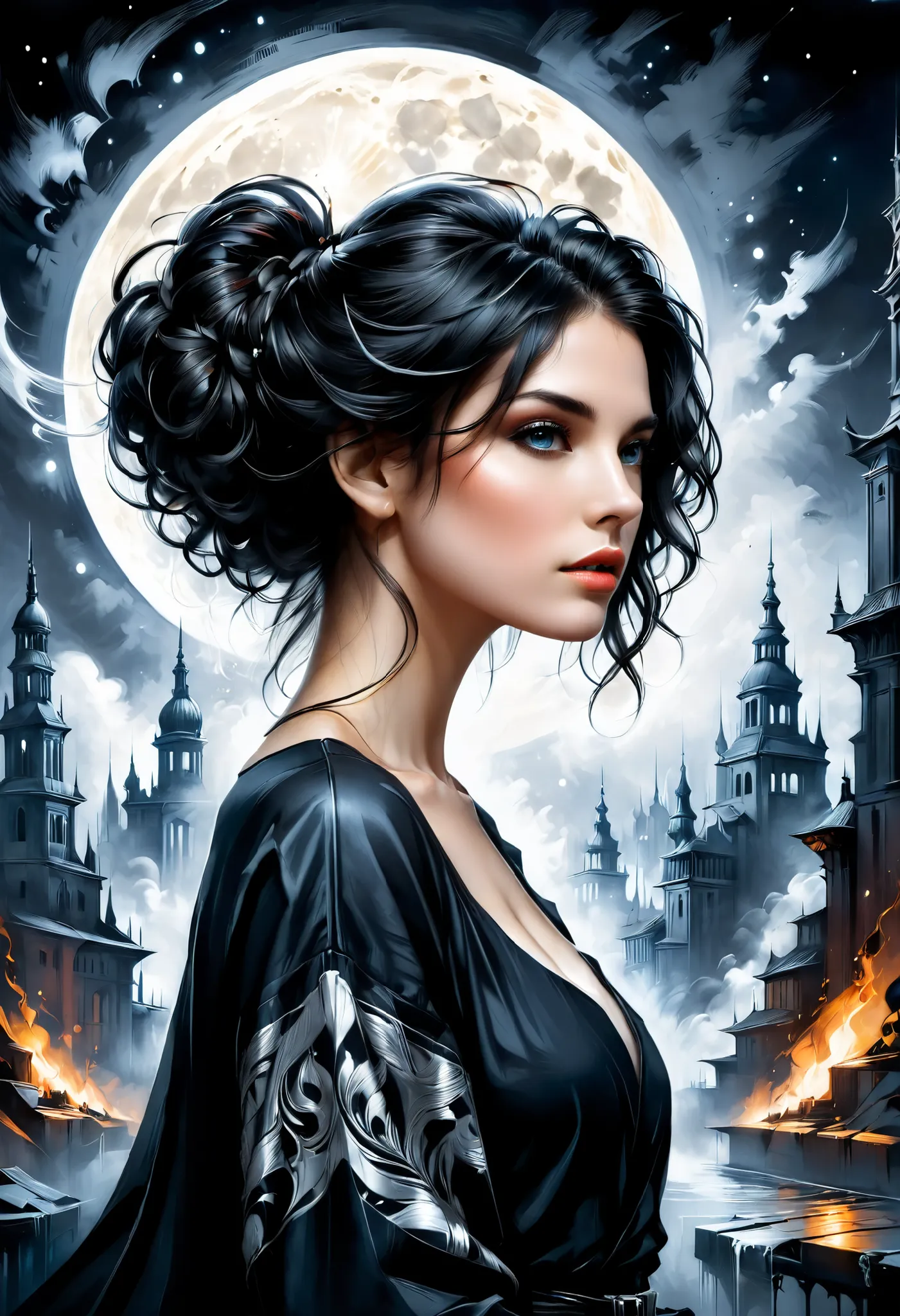 fluorescent horizon, color field Painting, a sense of depth and intrigue, digital brush strokes,
A breathtaking 3D image of a female profile, with dark hair, smoothly turning into abstract shapes and outlines. An intricate hairstyle with curls and ink spla...