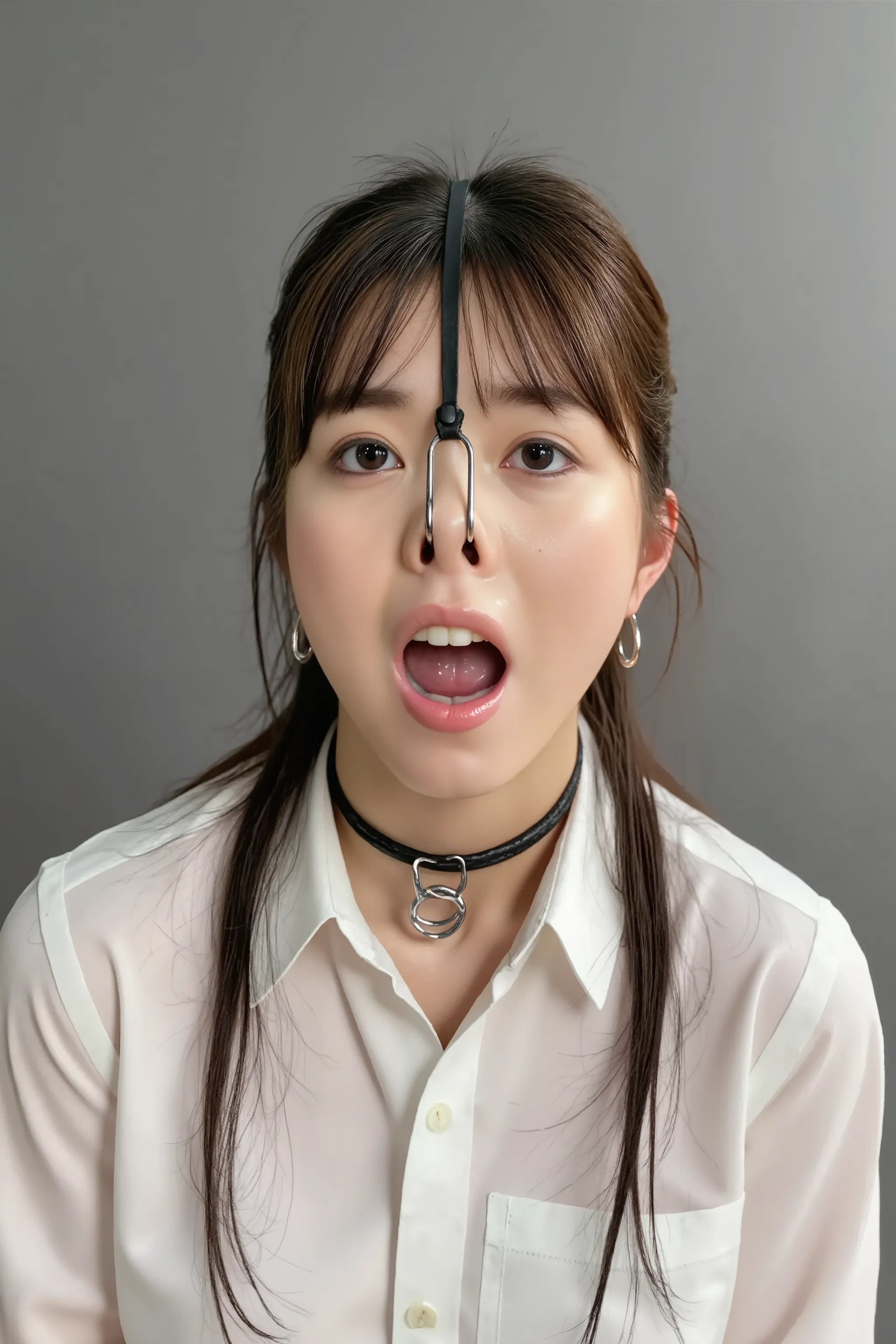 The high resolution photograph of a Japanese beautiful young woman, photo-realistic, realistic, masterpiece, amazing quality, intricate details, professional lighting, solo, 1girl, standing leaning forward, loose shirt, downblouse, face focus, pale skin, f...