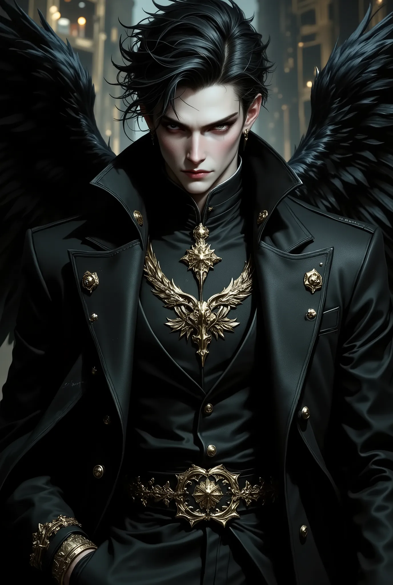 Character Style Keywords:
Dark angel
Elegant male model
Black feathered wings
Regal fantasy outfit
Embroidered black suit
Noble demon aesthetic
Royal court fashion
Intense stare
Heroic masculine beauty
Aristocratic warrior
Art Style Keywords:
H...