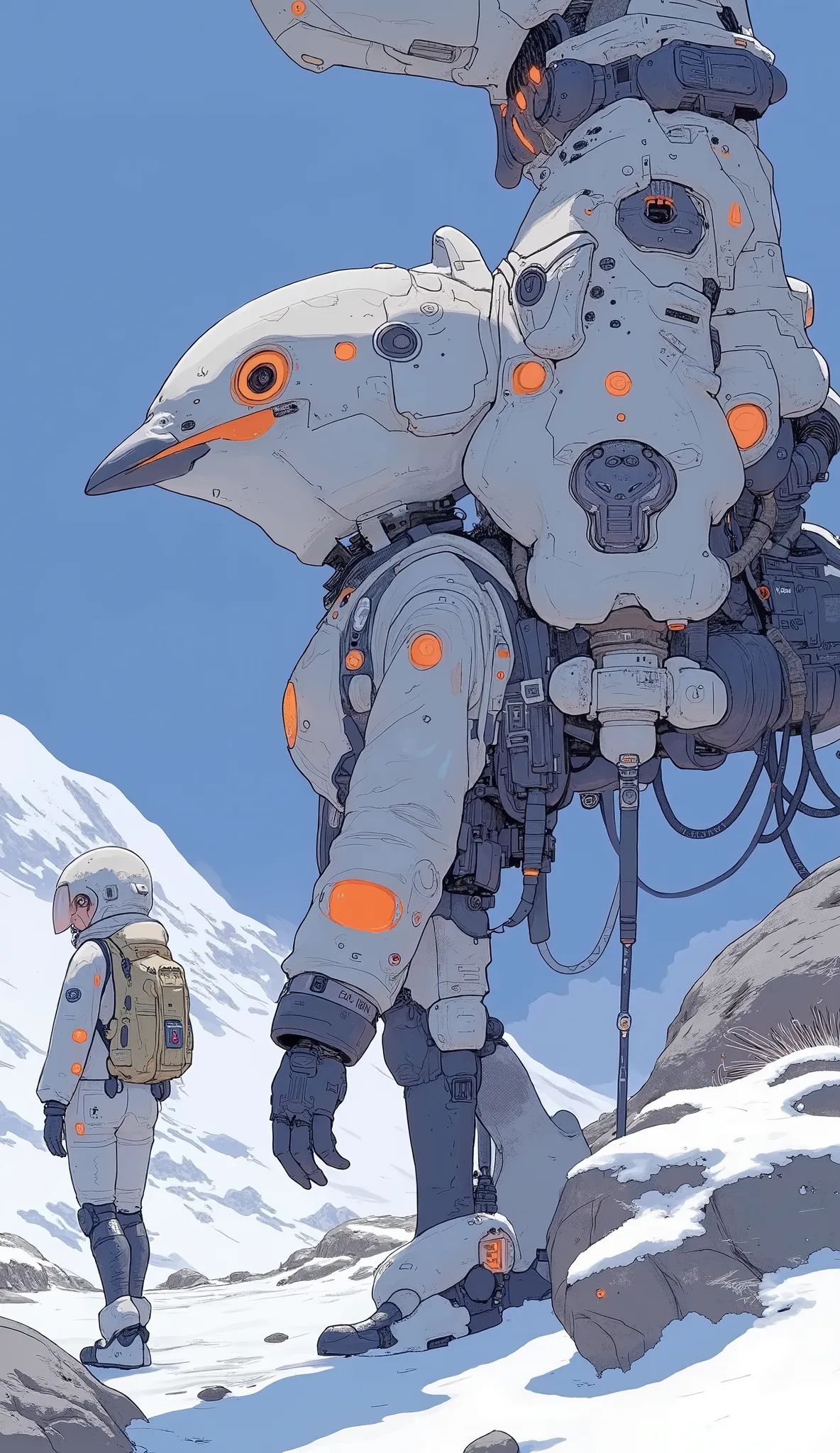 Cartoon of a Woman in a Spacesuit Walking with a Backpack, Large Sapphire Necklaces , Mecha Anthropomorphic Penguin , ( ( Character concept art ) ), Concept Art 2022 , off-white plate armor , Heavy Armor, amazing character design, game Character conce...