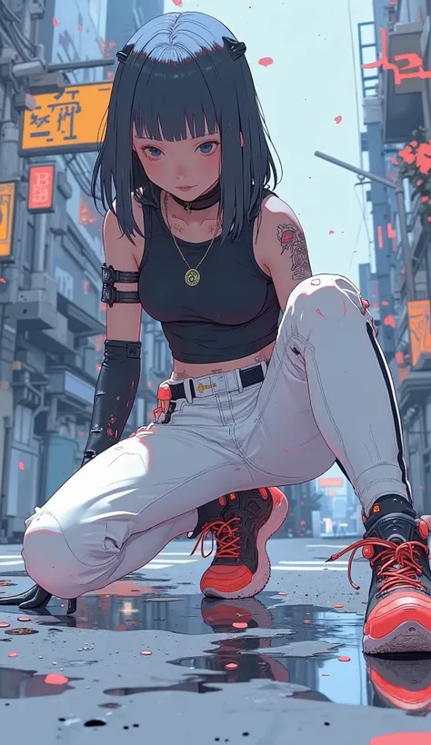 in dynamic scene、A person moving on a reflector is captured、, smooth surface, creates a sense of agility and speed。. The person is down on one knee、, touching the ground with one hand , ready to take action It suggests it's there。. What to wear、evokes a s...