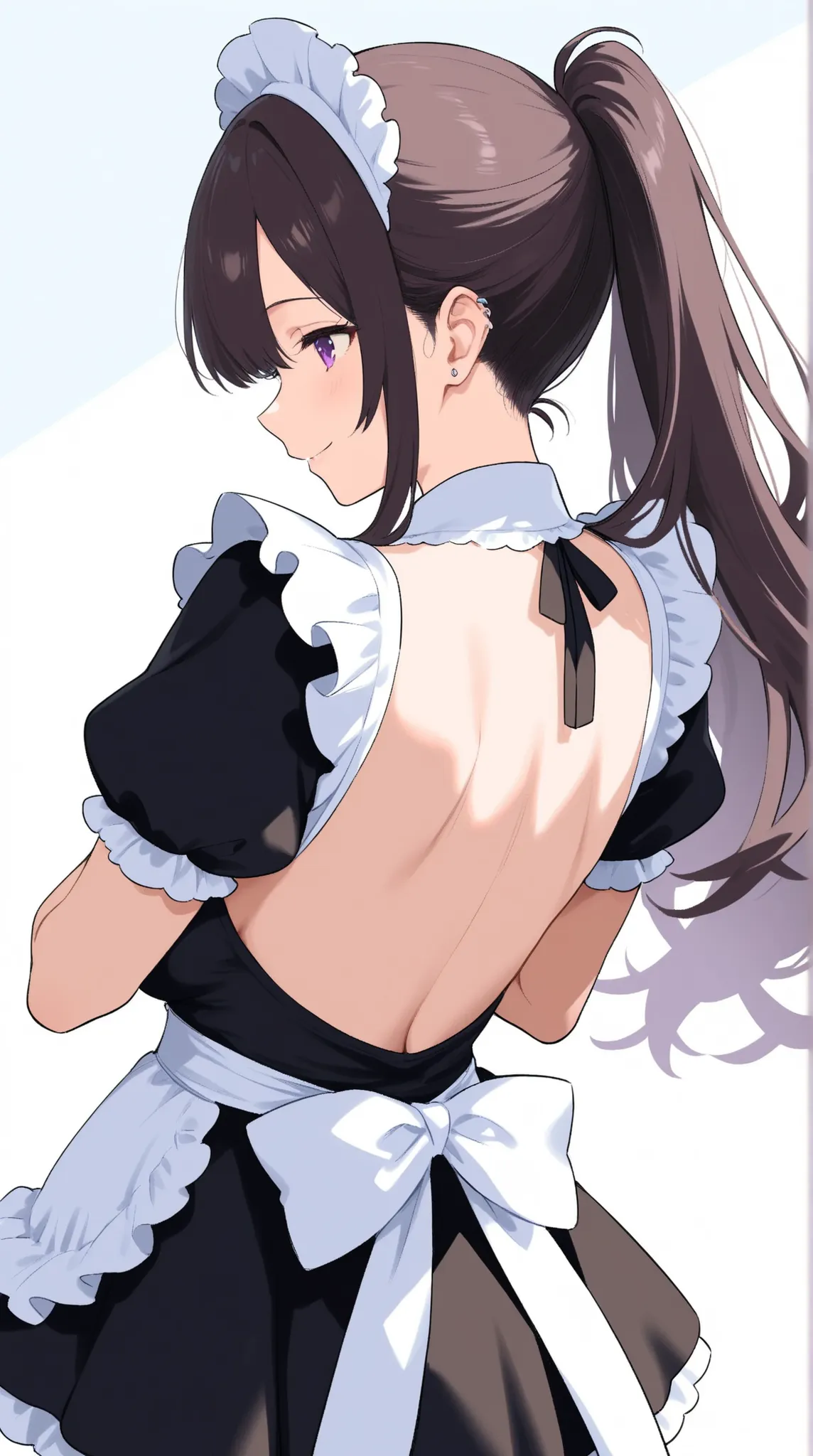 female, Backless Maid Outfit, beautiful profile, super miniskirt, piercing, Smile,