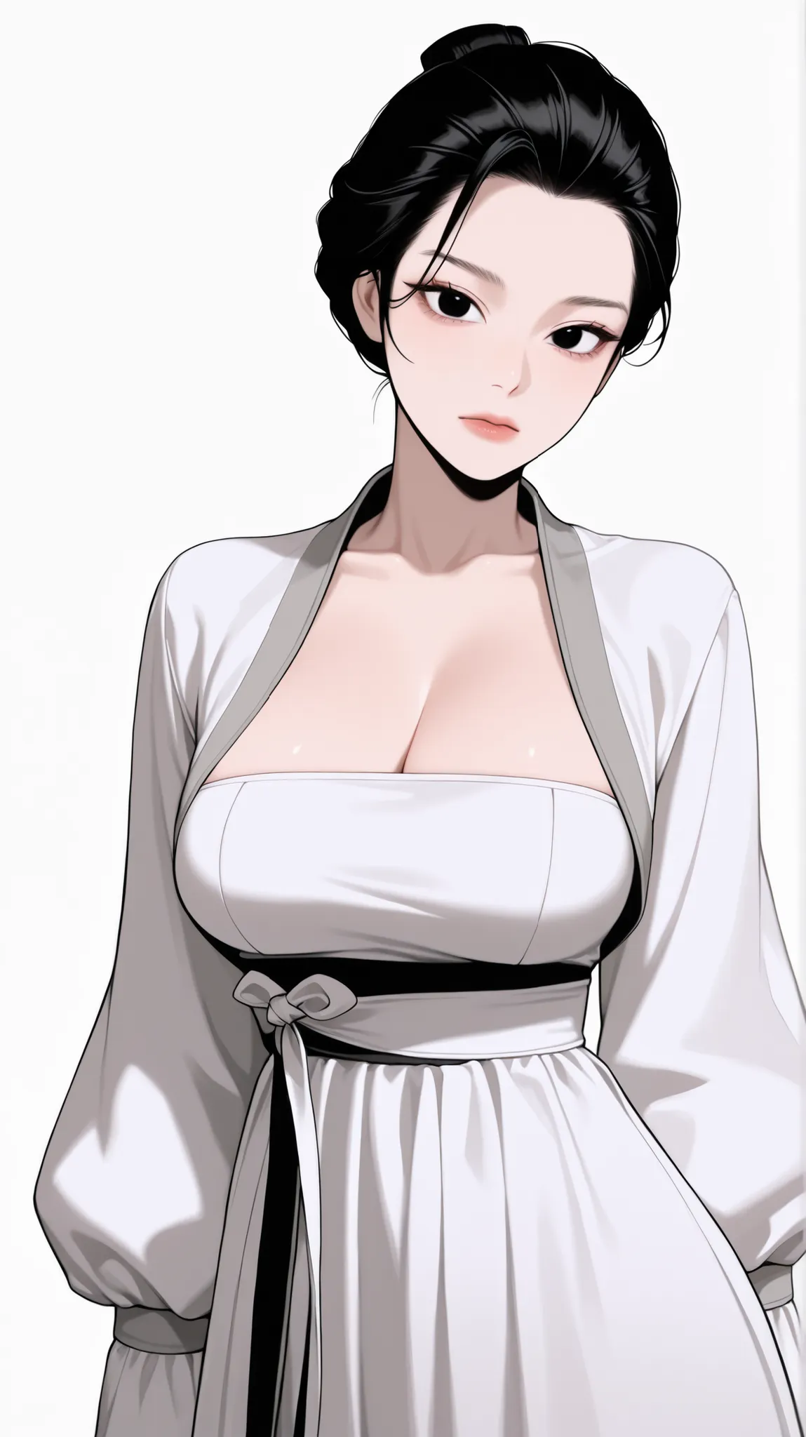 very aesthetic, 걸작, 고해상도, 8k 해상도, high contrast, semrealistic, newest, koreanai, best_quality, finely_detailed_eyes_and_detailed_face, (1 woman), uzzlanggirl, 1girl, korean, black_eyes, black_hair, slicked_short_hair, slicked_back, updo_hair, ivory_Hanfu, ...