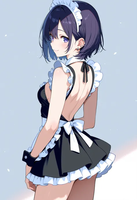 female, Backless Maid Outfit, beautiful profile, super miniskirt, piercing, Smile,