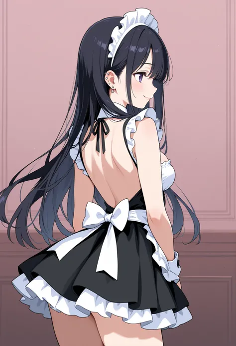 female, Backless Maid Outfit, beautiful profile, super miniskirt, piercing, Smile,