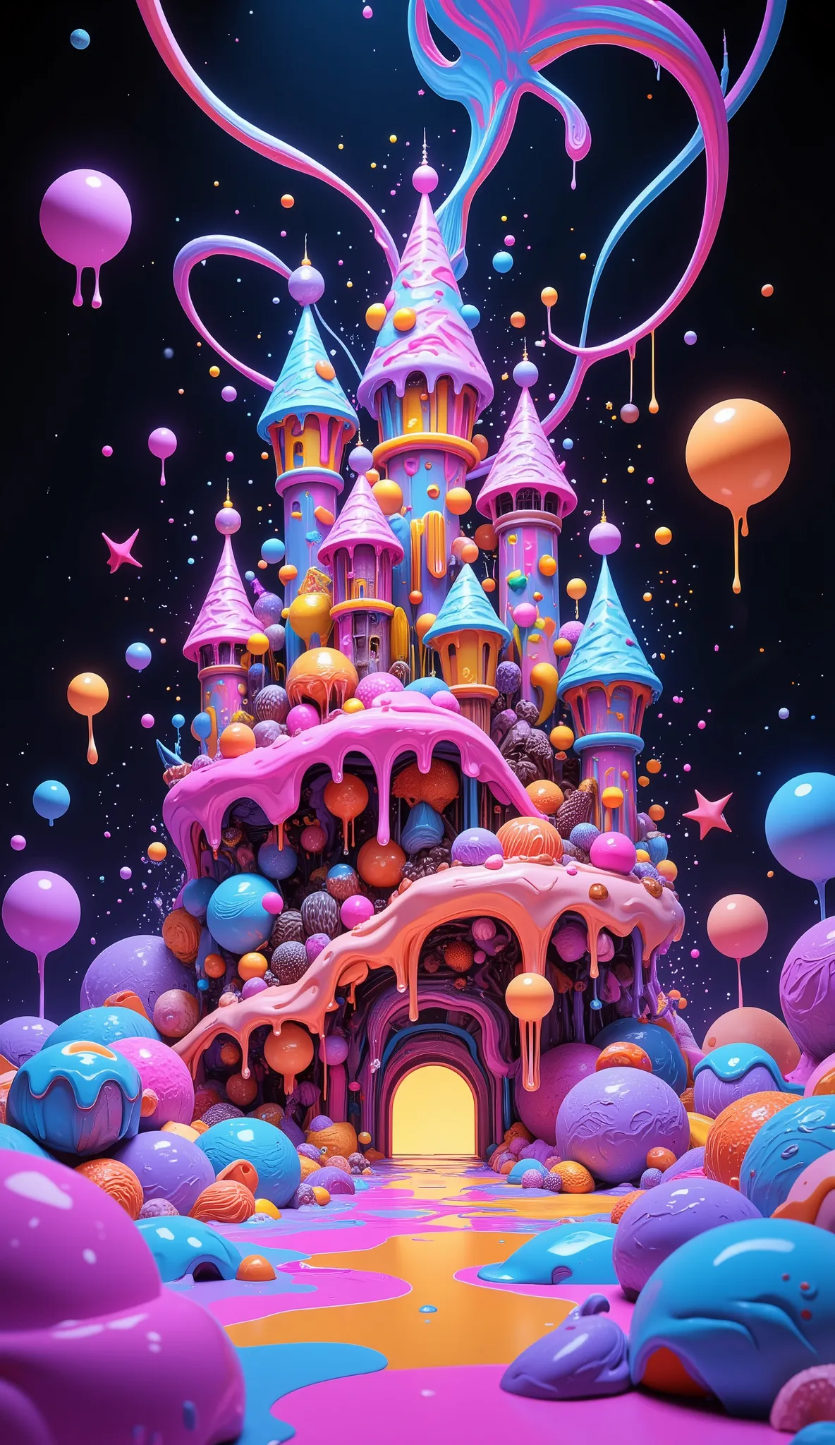 (Iridescent and multicolored ice cream,Psychedelic,Fruit slicing,retrofuturism aestethic,beautiful Intricate ice cream castle,Strawberry ice cream, chocolate ice cream, sundae, Hadidas ice cream,Chocolate stars,hot cocoa sauce,Ice mist, water droplets, con...
