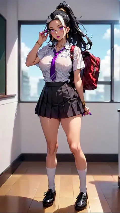 (masterpiece, best quality:1.2), 1girl, solo, ((1girl, solo ,alone, ((rikka sumeragi, rikka_sumeragi, long hair, black hair, hair with white streak, ponytail, glasses, purple eyes)), painted nails, gold bracelets, ruby earrings)), ((solo, 1woman, pink lipstick, Extremely detailed, ambient soft lighting, 4k, perfect eyes, a perfect face, perfect lighting, a 1girl)), austere, , ((fitness,, shapely body, athletic body, toned body)),  (((Cute High School Girl, full body, gyaru, gal schoolgirl, smug, class room, school uniform, looking back, ass, skirt lift, lift the skirt with one's hands, white panties, seduce)))