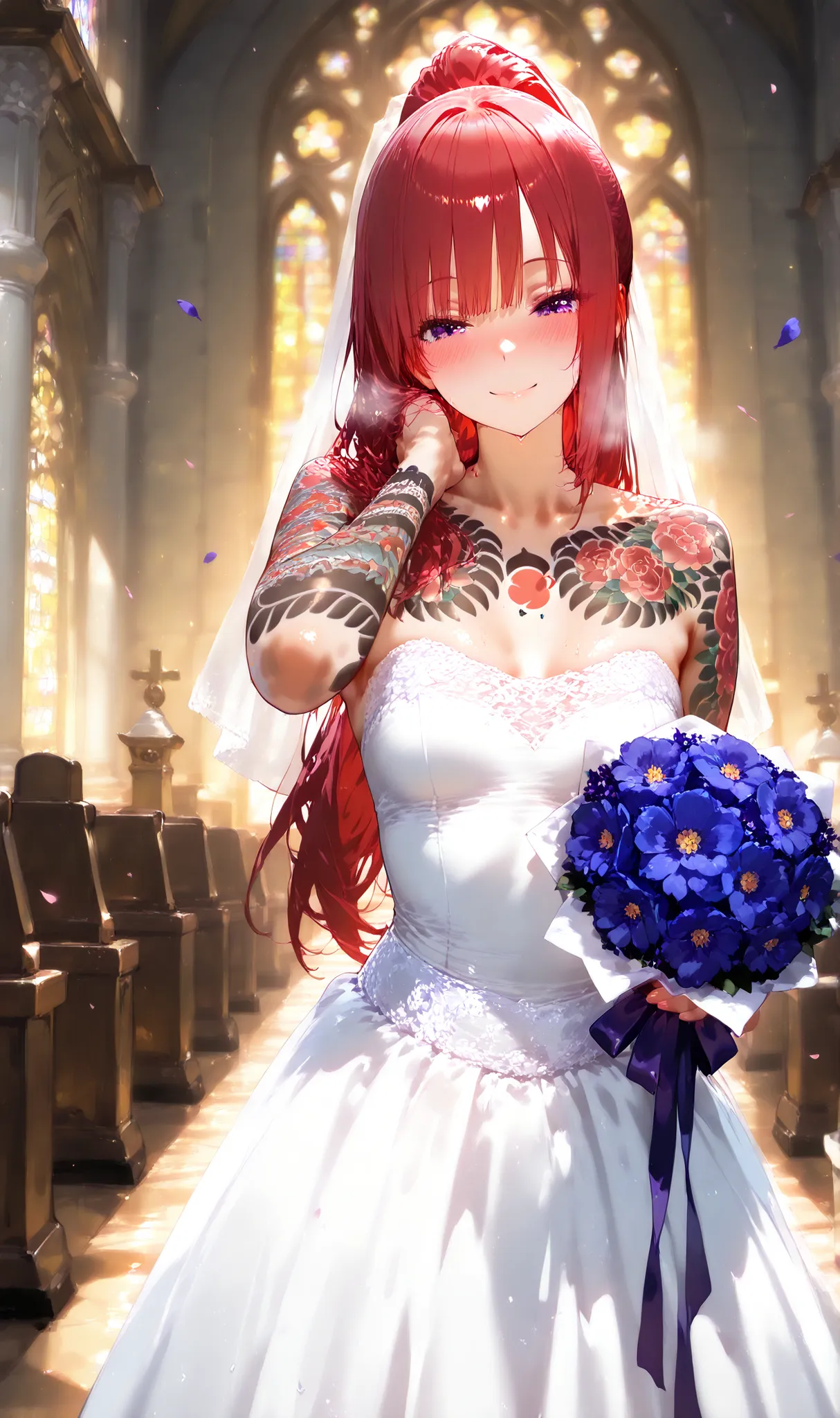 1 girl, alone, high resolution, masterpiece, best quality, detailed CG, detailed face, detailed skin, small breasts, purple eyes, red hair, long hair, high ponytail, bangs with a tuft, blush, bright, smile, yakuza tattoos, arm tattoo, full-body tattoo, che...