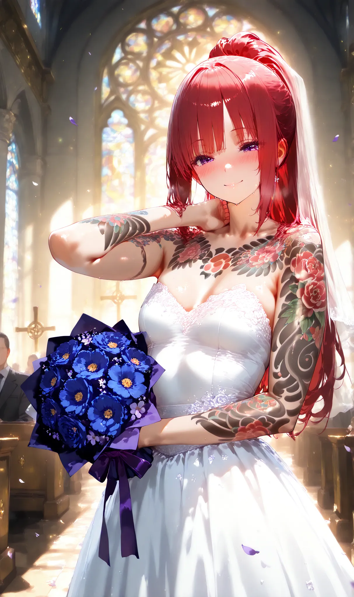 1 girl, alone, high resolution, masterpiece, best quality, detailed CG, detailed face, detailed skin, small breasts, purple eyes, red hair, long hair, high ponytail, bangs with a tuft, blush, bright, smile, yakuza tattoos, arm tattoo, full-body tattoo, che...