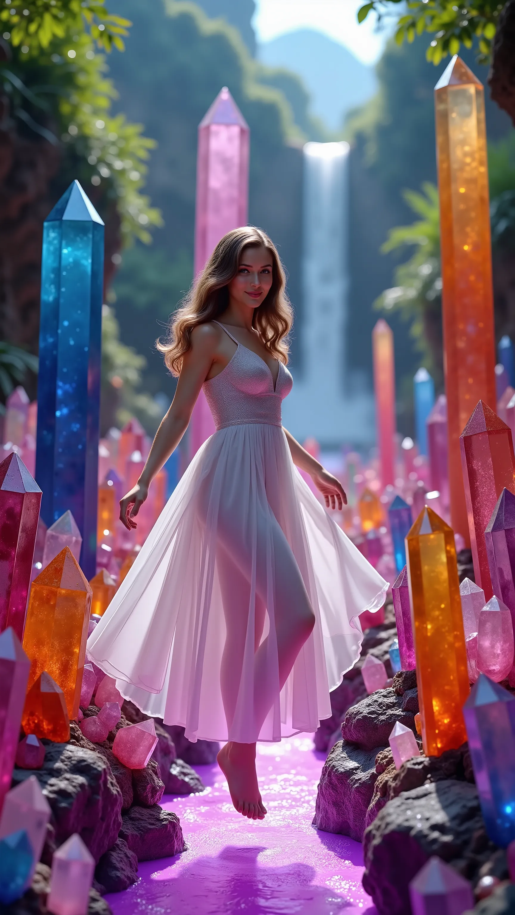 Ultra realistic, cinematography, ultra detailed, 8K, highres, 1girl, gorgeous european woman (smiling with direct eye contact/looking at the viewer/moving towards the camera) levitating, floating above the stream, enormous, 12-20 foot tall dark blue, dark ...