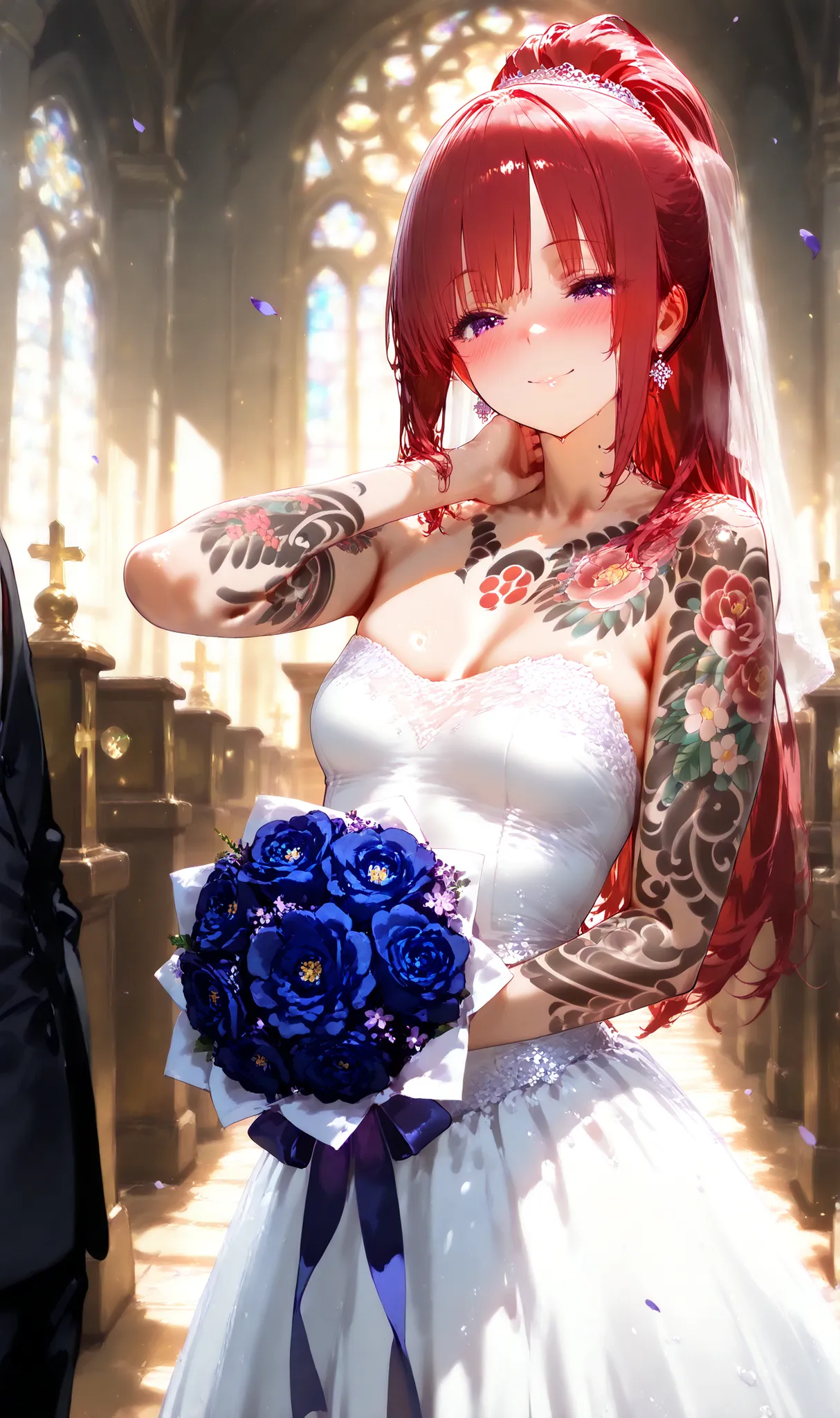 1 girl, alone, high resolution, masterpiece, best quality, detailed CG, detailed face, detailed skin, small breasts, purple eyes, red hair, long hair, high ponytail, bangs with a tuft, blush, bright, smile, yakuza tattoos, arm tattoo, full-body tattoo, che...