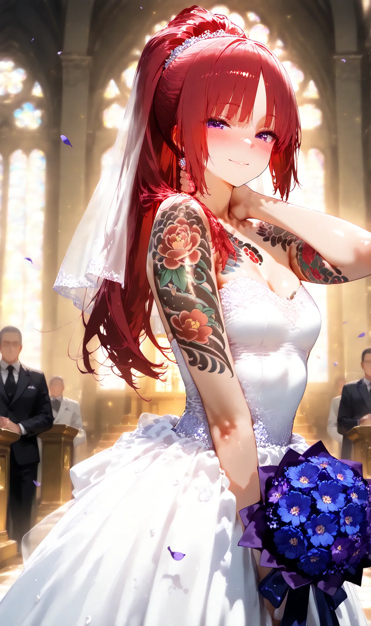 1 girl, alone, high resolution, masterpiece, best quality, detailed CG, detailed face, detailed skin, small breasts, purple eyes, red hair, long hair, high ponytail, bangs with a tuft, blush, bright, smile, yakuza tattoos, arm tattoo, full-body tattoo, che...