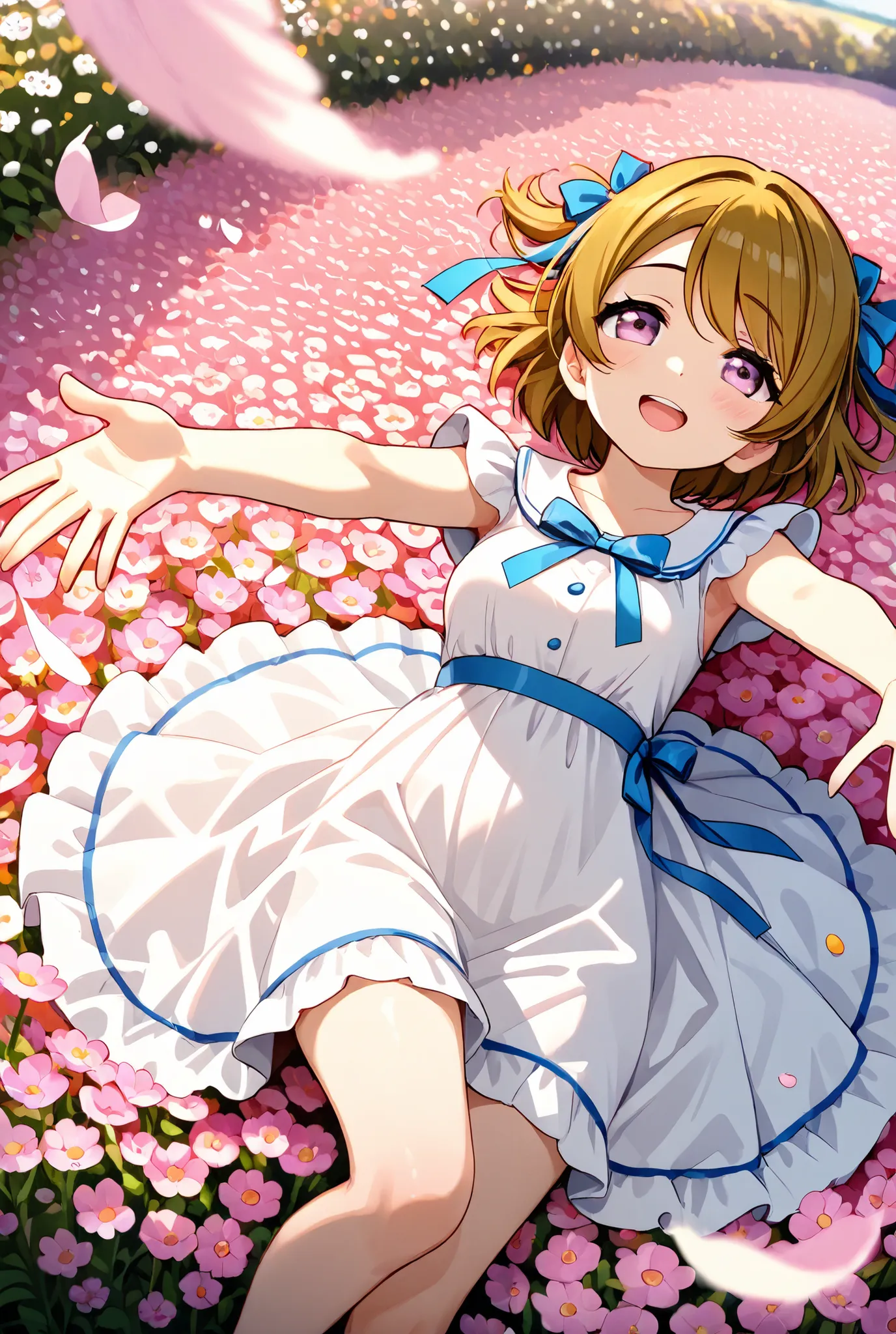 Koizumi Hanayo、Lots of ribbons and ruffles、field of flowers、Highest Quality, masterpiece, Highest Quality, high definition, 8k, 超high definition, here we go、Let's dance with open arms 、white dress