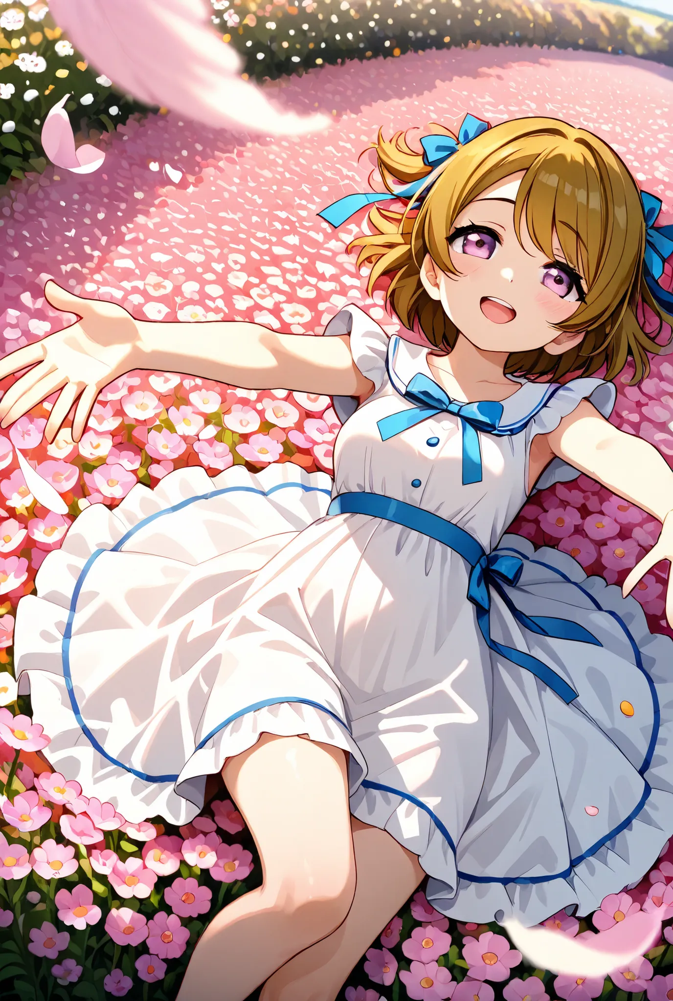 Koizumi Hanayo、Lots of ribbons and ruffles、field of flowers、Highest Quality, masterpiece, Highest Quality, high definition, 8k, 超high definition, here we go、Let's dance with open arms 、white dress