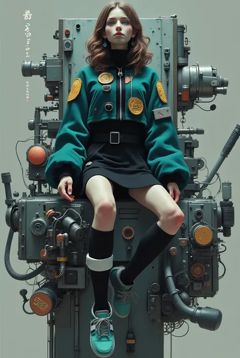 short hair, The wavy, light brown haired jacket is prominently drawn, I'm wearing an outfit like a futuristic dark teal uniform with intricate mechanical details and patches. 彼女の服装にteeth黒, gold, teal accents on her outfit, Matching skirt, 鮮やかなYellowの靴底. 彼...