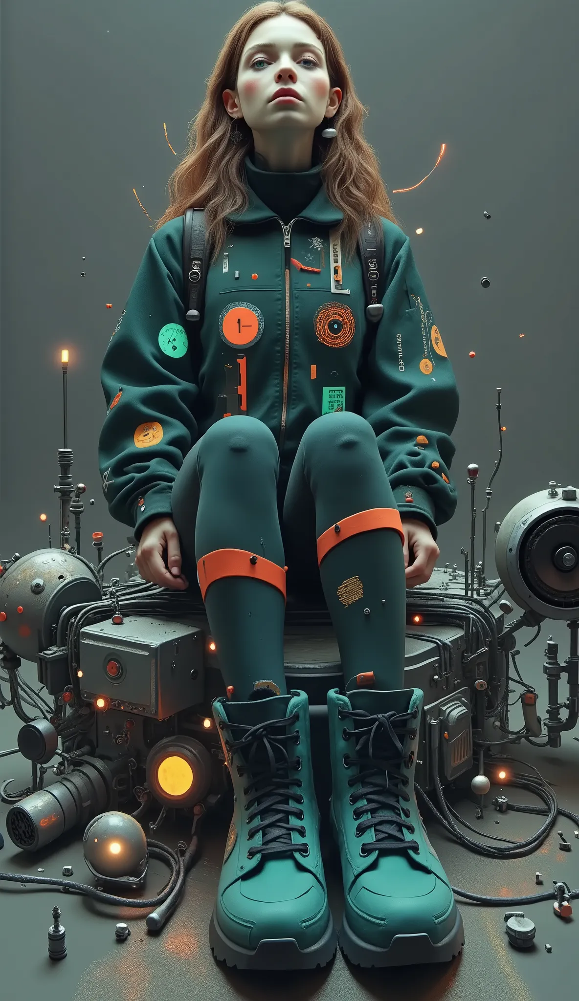 short hair, The wavy, light brown haired jacket is prominently drawn, I'm wearing an outfit like a futuristic dark teal uniform with intricate mechanical details and patches. 彼女の服装にteeth黒, gold, teal accents on her outfit, Matching skirt, 鮮やかなYellowの靴底. 彼...