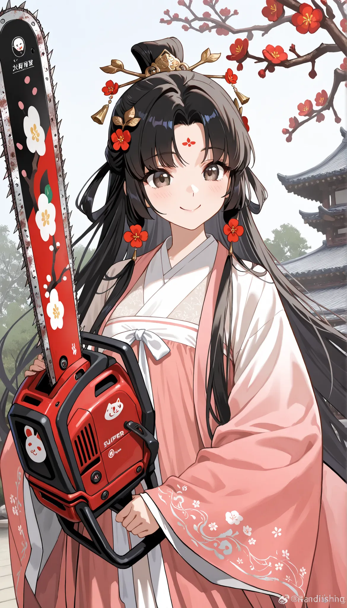 ((best quality)), ((masterpiece)), (detailed), perfect face, textured skin, ((super detail)), high quality, high details, Black-haired woman in Hanfu, Brandishing a chainsaw, Happy expression, smile, Kanzash(Japanese hair ornaments), Background (plum tree,...