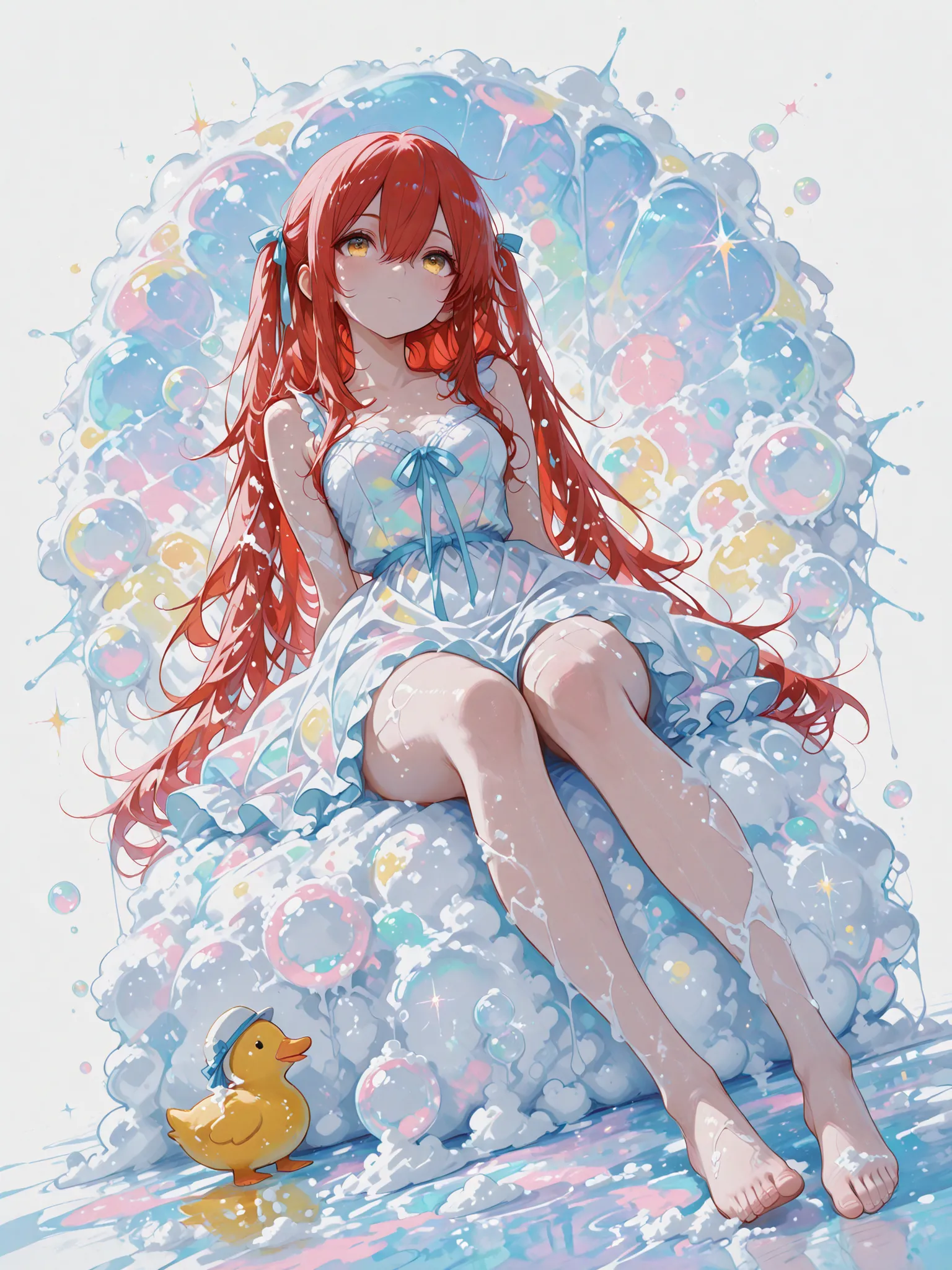 wide shot,full body 1 girl , golden eyes , very long hair , long sidelocks, red hair ,half updo, petite , very cute , beautiful ,Straight hair, cool, handsome, hair between eyes, sexy, medium breasts , (twintails), fluffy wavy hair,sundress,spread skirt,ba...