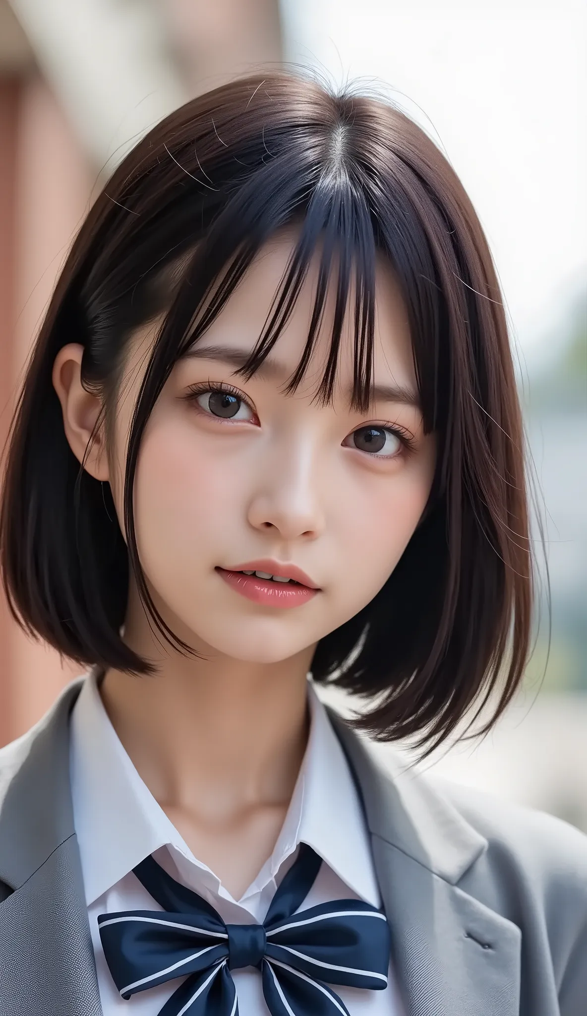 清楚な若い女性、、close your mouth:1.2、realistic、Photorealistic、very detailed、The inside with the most detailed skin、best quality、masterpiece、Ultra high definition、very short hair、茶髪、Women's College、young girl、、bang、double eyelids、Drooling eyes、The Face of Japan to...