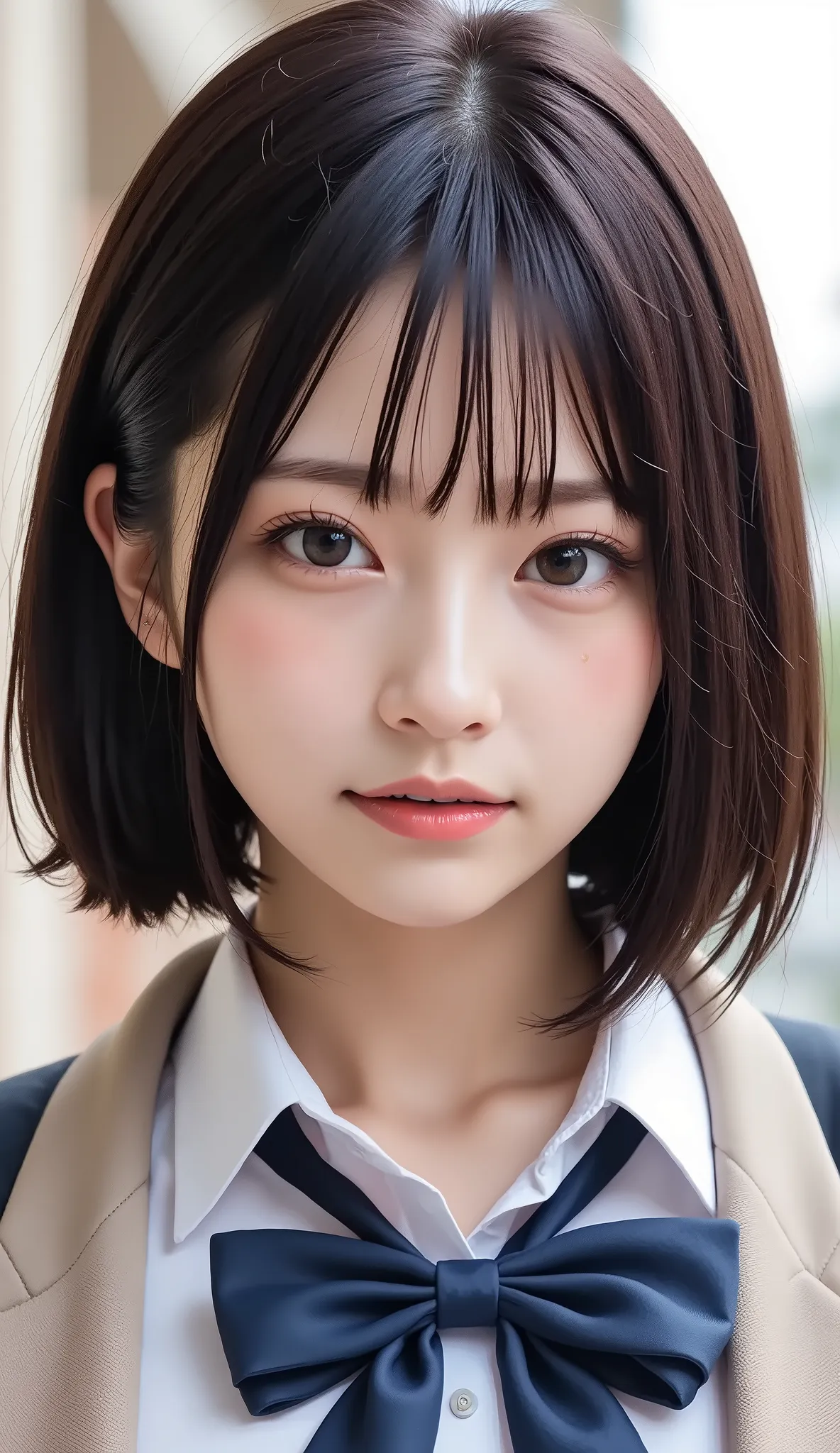 清楚な若い女性、、close your mouth:1.2、realistic、Photorealistic、very detailed、The inside with the most detailed skin、best quality、masterpiece、Ultra high definition、very short hair、茶髪、Women's College、young girl、、bang、double eyelids、Drooling eyes、The Face of Japan to...
