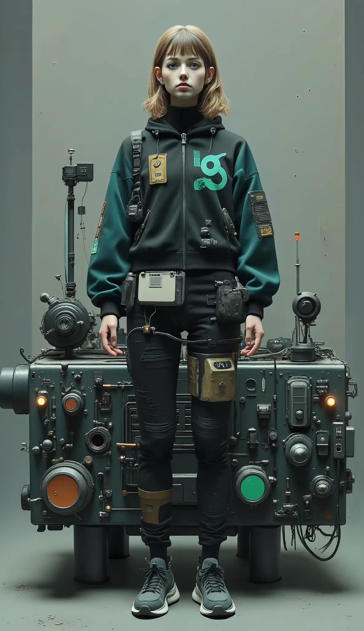short hair, The wavy, light brown haired jacket is prominently drawn, I'm wearing an outfit like a futuristic dark teal uniform with intricate mechanical details and patches. 彼女の服装にteeth黒, gold, teal accents on her outfit, Matching skirt, 鮮やかなYellowの靴底. 彼...