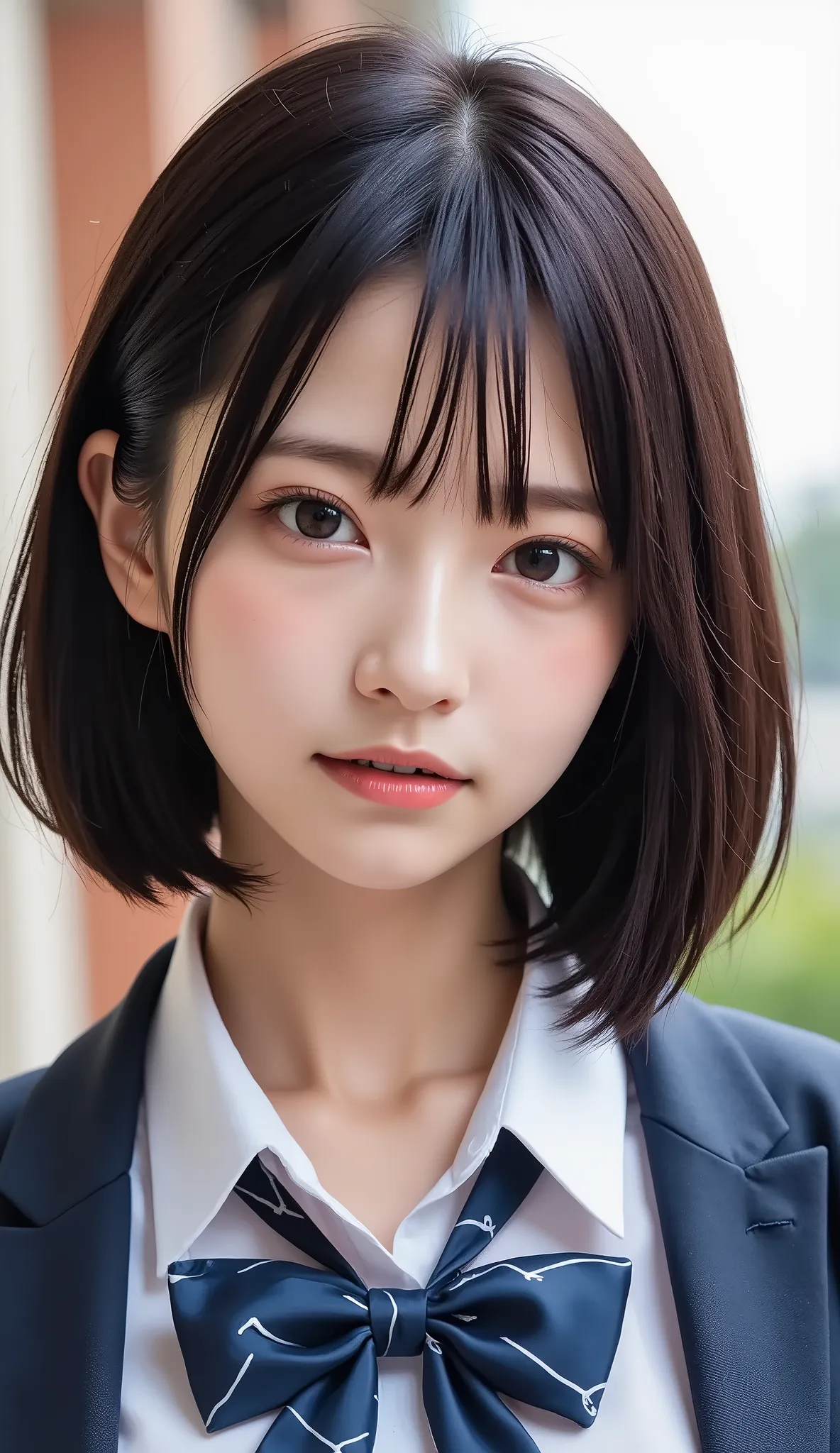 清楚な若い女性、、close your mouth:1.2、realistic、Photorealistic、very detailed、The inside with the most detailed skin、best quality、masterpiece、Ultra high definition、very short hair、茶髪、Women's College、young girl、、bang、double eyelids、Drooling eyes、The Face of Japan to...