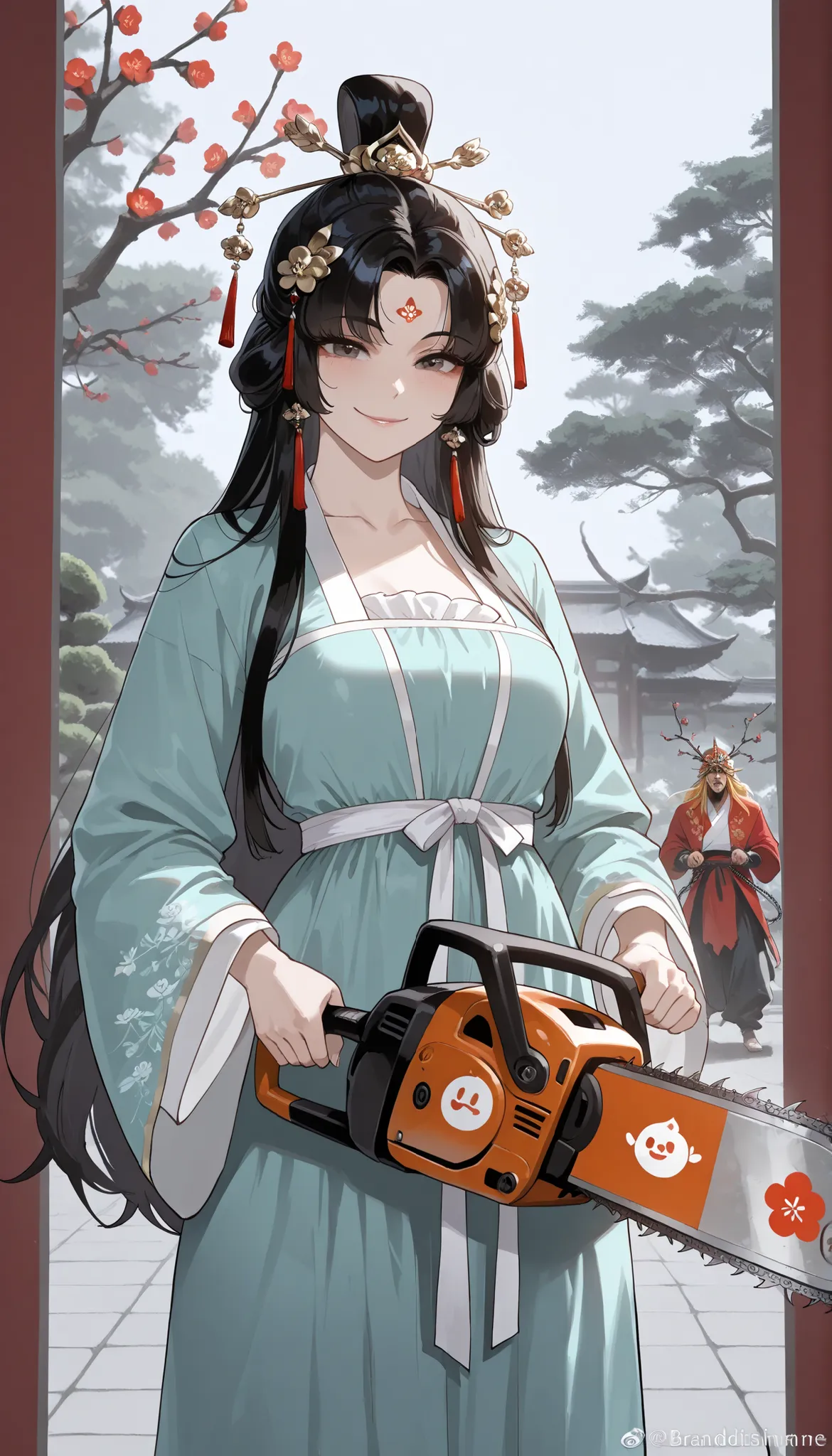 ((best quality)), ((masterpiece)), (detailed), perfect face, textured skin, ((super detail)), high quality, high details, Black-haired woman in Hanfu, Brandishing a chainsaw, Happy expression, smile, Kanzash(Japanese hair ornaments), Background (plum tree,...