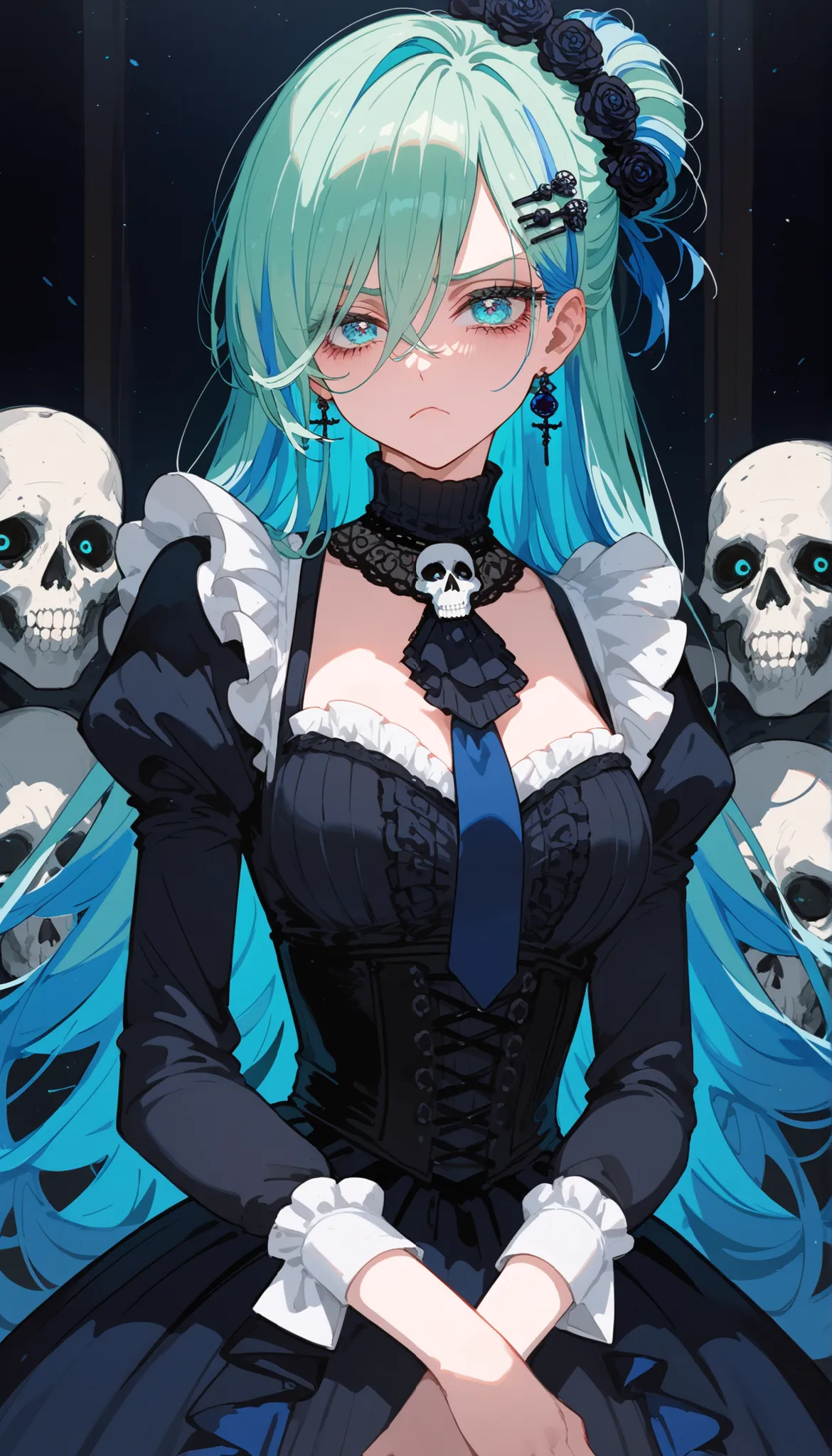 girl,light green hair,in blue eyes,Tie your hair up, ghoul eyes,Black Long Sleeve Shirt,Black Victorian Era Dress, maxi skirt ,Milf,slim,Fierce face,Serious, Undead,Skull hairpin,Turtleneck, Blue hair, Two tone hair ,Midi Dress,blue hair,Hair Cover,sad,