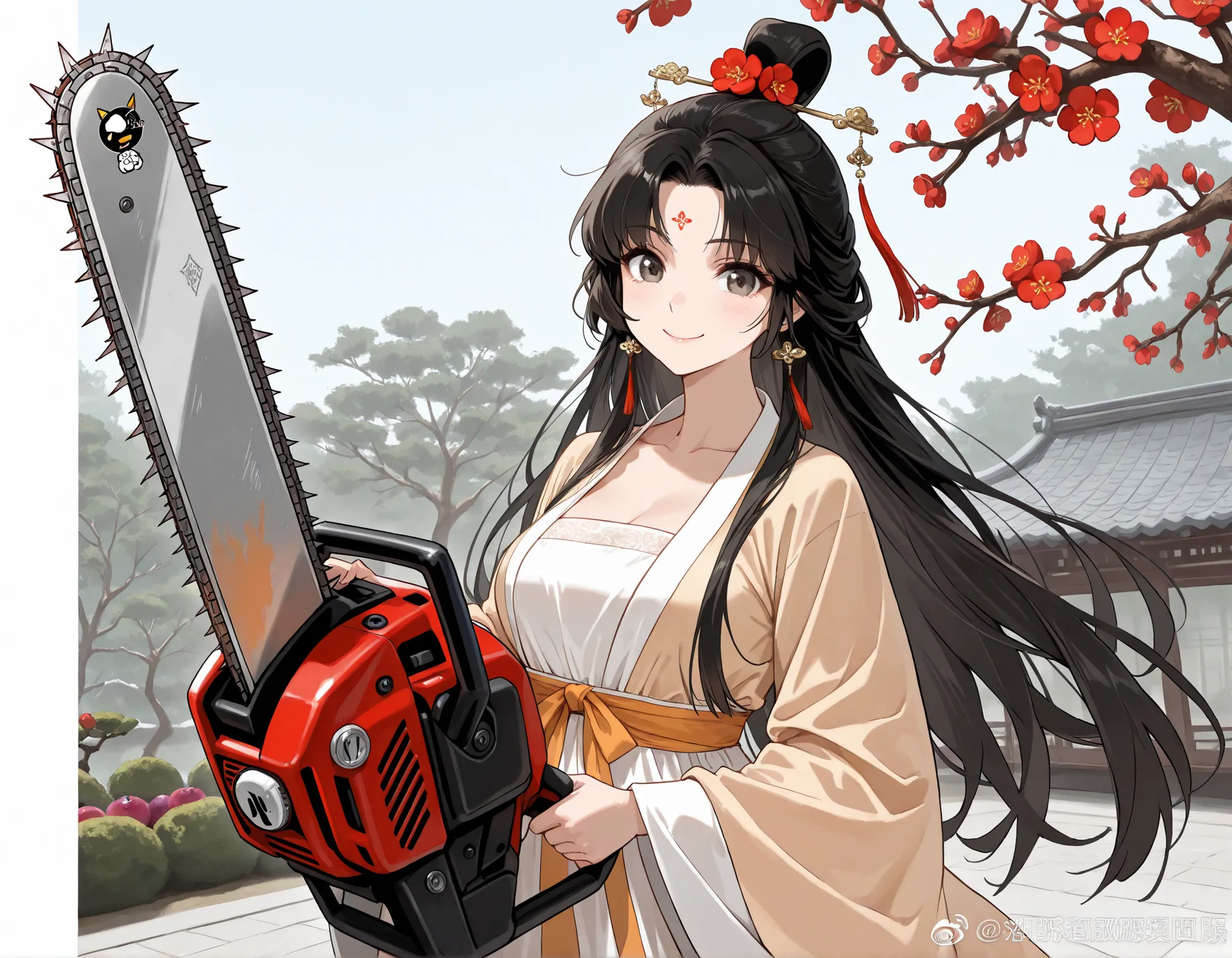 ((best quality)), ((masterpiece)), (detailed), perfect face, textured skin, ((super detail)), high quality, high details, Black-haired woman in Hanfu, Brandishing a chainsaw, Happy expression, smile, Kanzash, Background (plum tree, plum blossoms), Japanese...