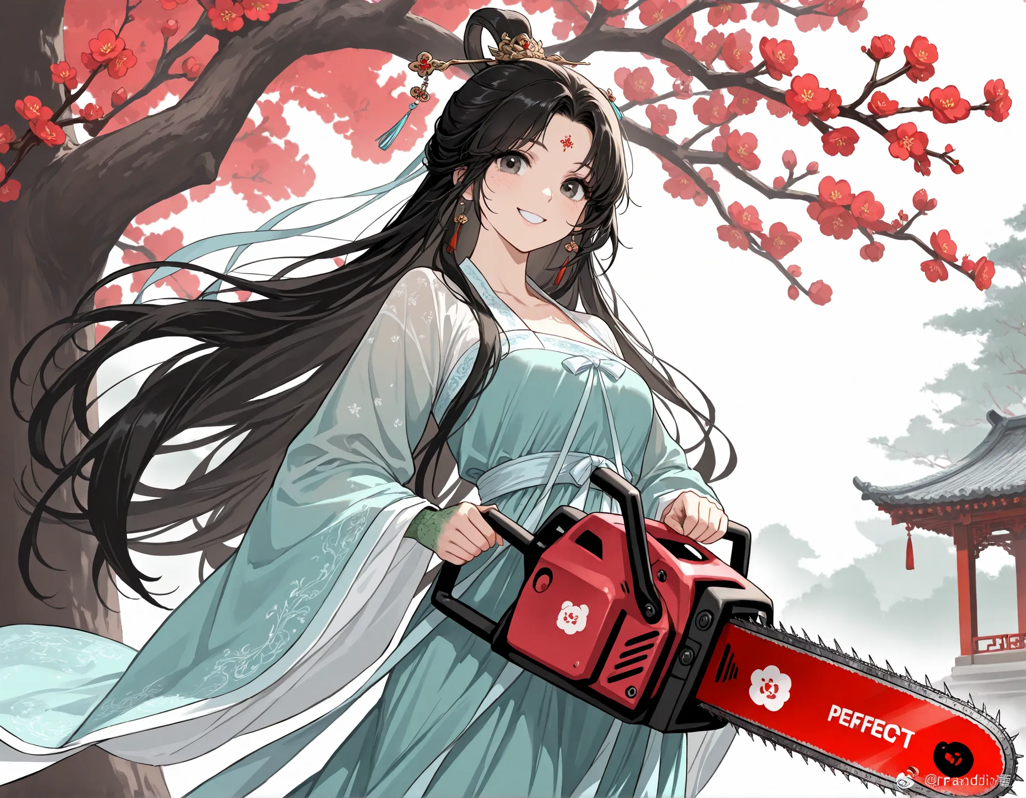 ((best quality)), ((masterpiece)), (detailed), perfect face, textured skin, ((super detail)), high quality, high details, Black-haired woman in Hanfu, Brandishing a chainsaw, Happy expression, smile, Kanzash, Background (plum tree, plum blossoms), Chinese ...