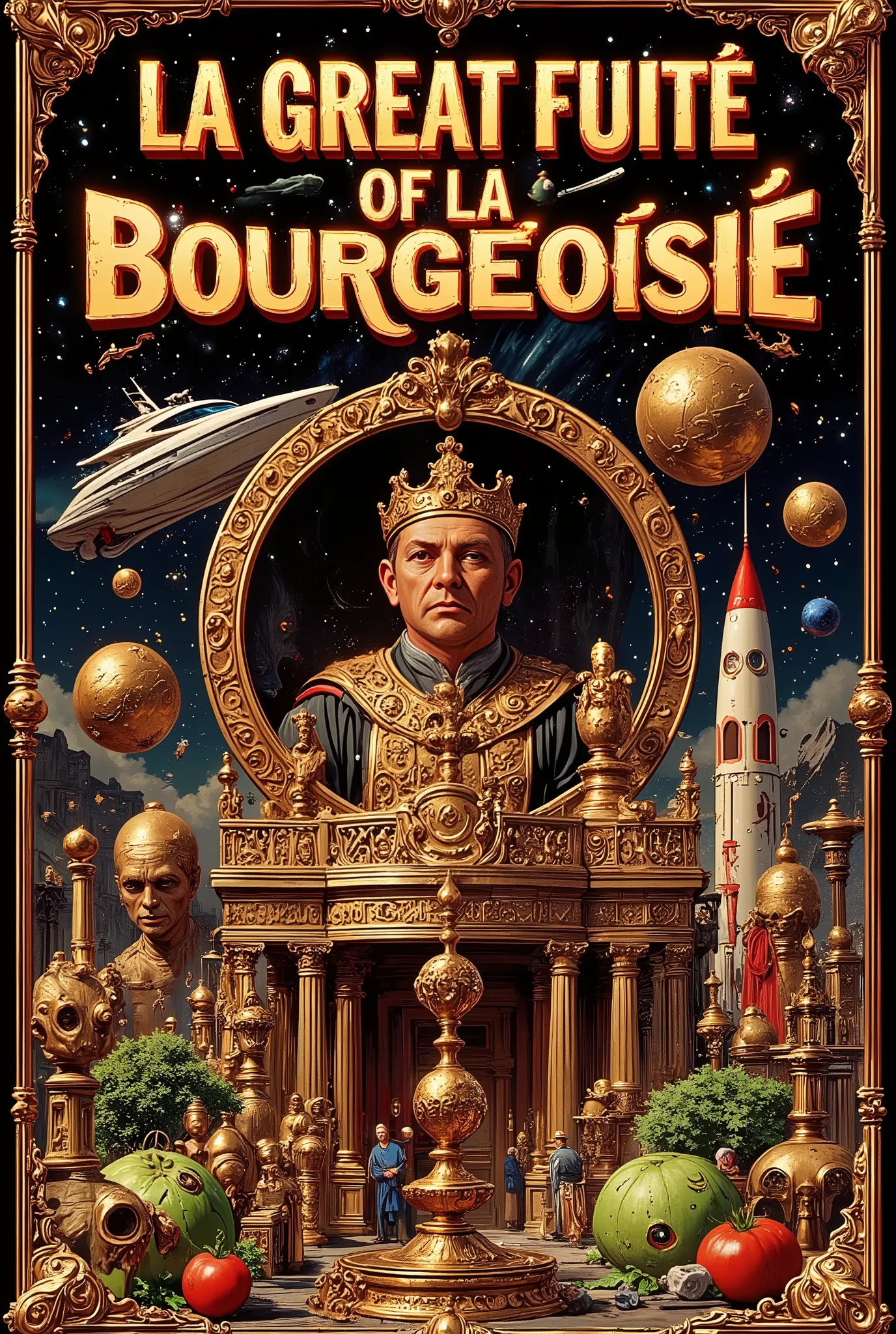 A whimsical and crazy poster with the title : "LA GREAT FUITE OF LA BOURGEOISIE" In font, capital letter 3D in solid gold. Avec dans le décor : des mallettes de billets d’argent et des lingots d’or, un milliardaire en personnage principal, un Yacht, des fl...