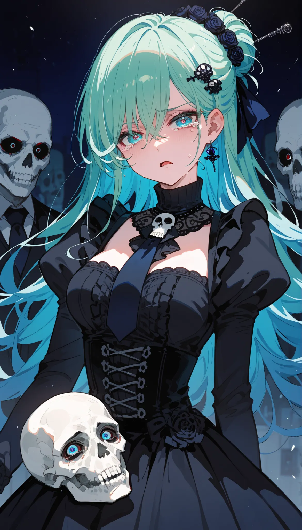 girl,light green hair,in blue eyes,Tie your hair up, ghoul eyes,Black Long Sleeve Shirt,Black Victorian Era Dress, maxi skirt ,Milf,slim,Fierce face,Serious, Undead,Skull hairpin,Turtleneck, Blue hair, Two tone hair ,Midi Dress,blue hair,Hair Cover,sad,sta...