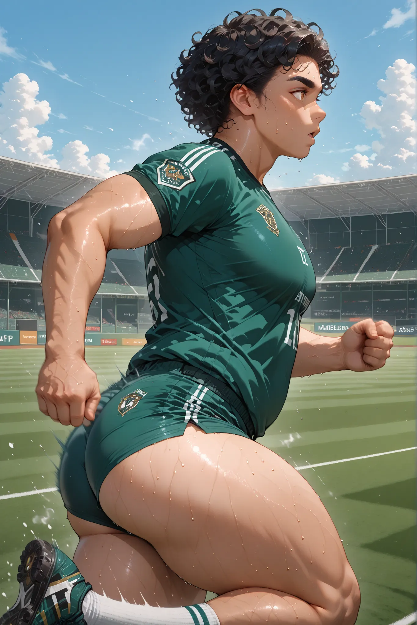 (Masterpiece, absurdres newest, topquality) 1boy, solo, maturemale, malefocus, black hair  curly hair, brown skin, amber eyes, thick eyebrows, chubby, pecs, thighs, big butt, calves, green jersey, short shorts, sporty shoes, running, motion blur, running m...